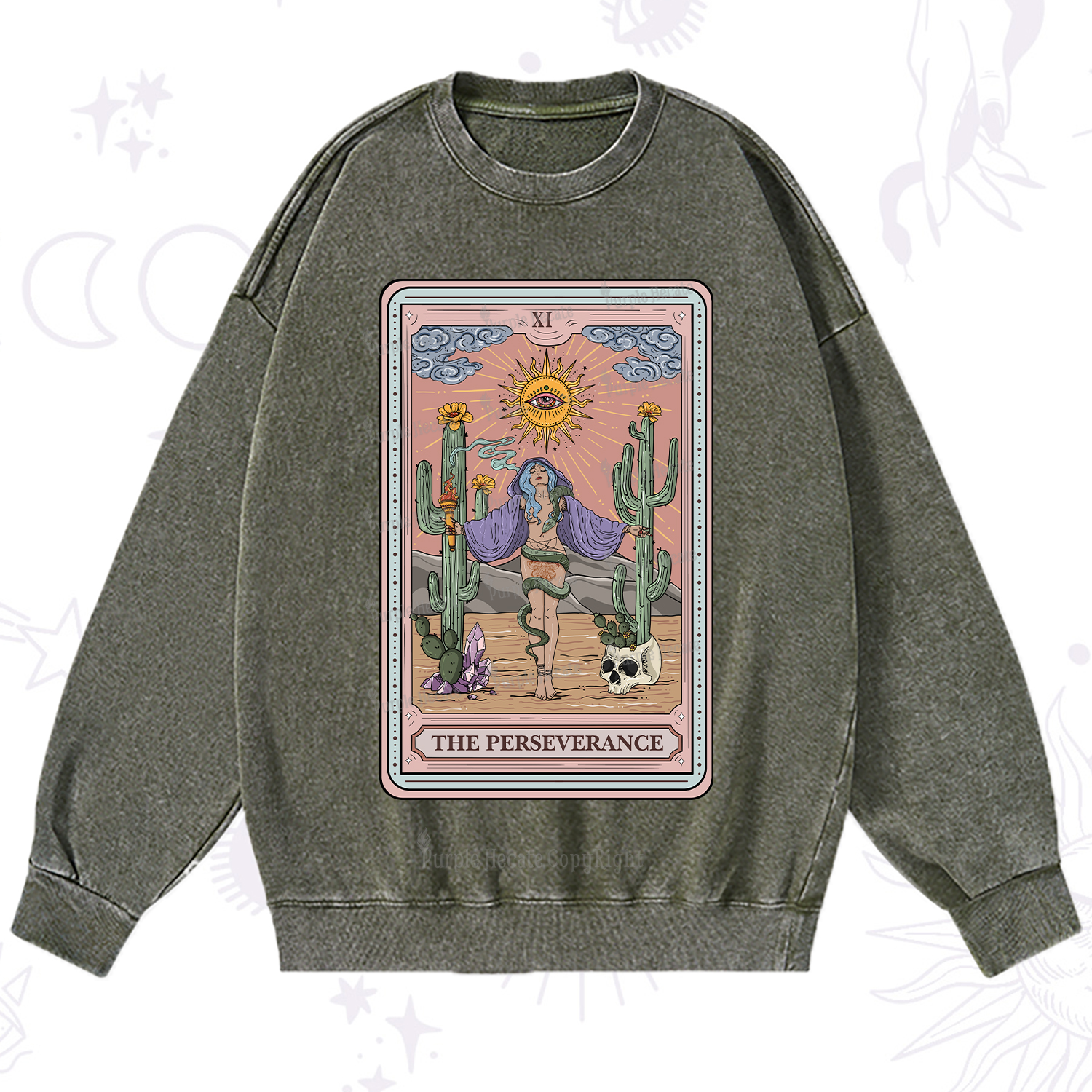 Purplehecate The Perseverance Tarot Card Washed Sweatshirt