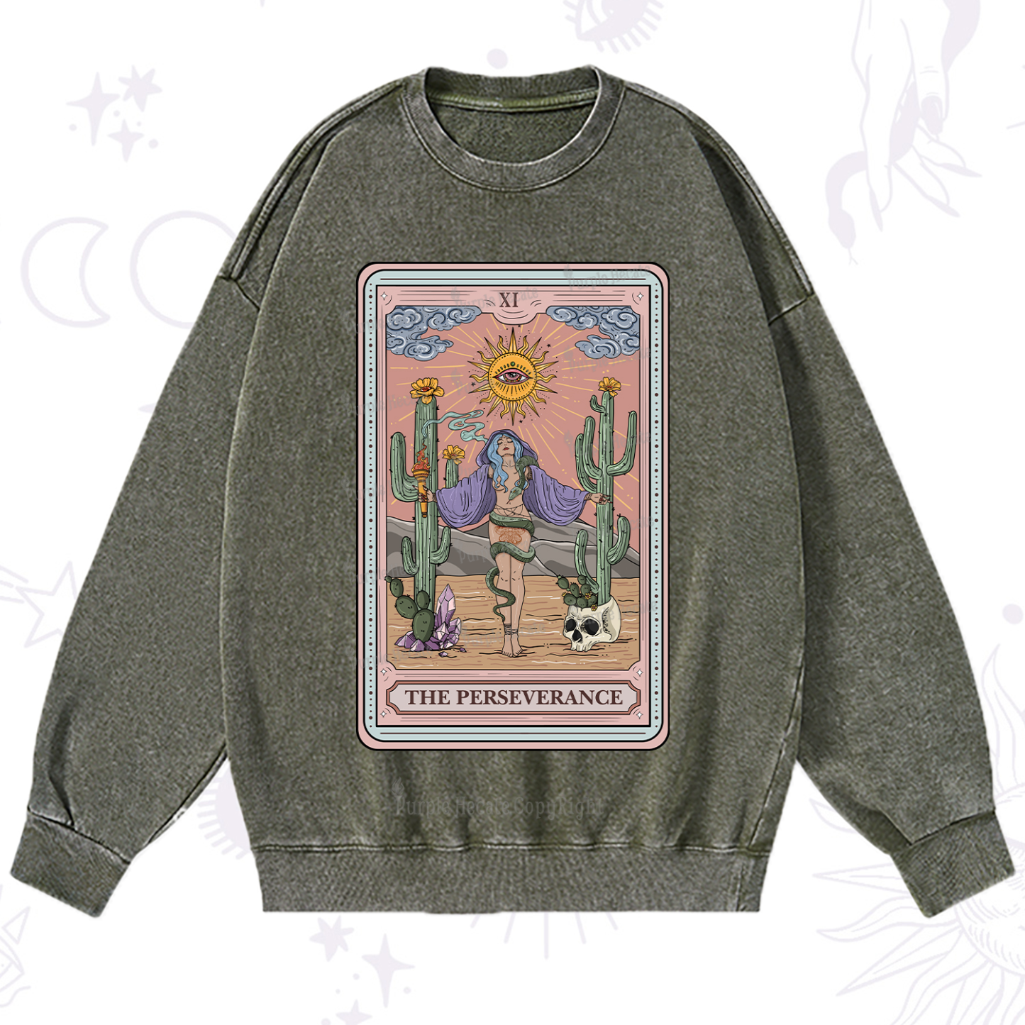 Purplehecate The Perseverance Tarot Card Washed Sweatshirt