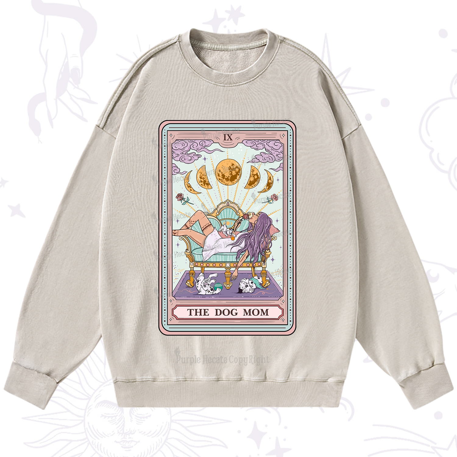 Purplehecate The Dog Mom Tarot Card Washed Sweatshirt