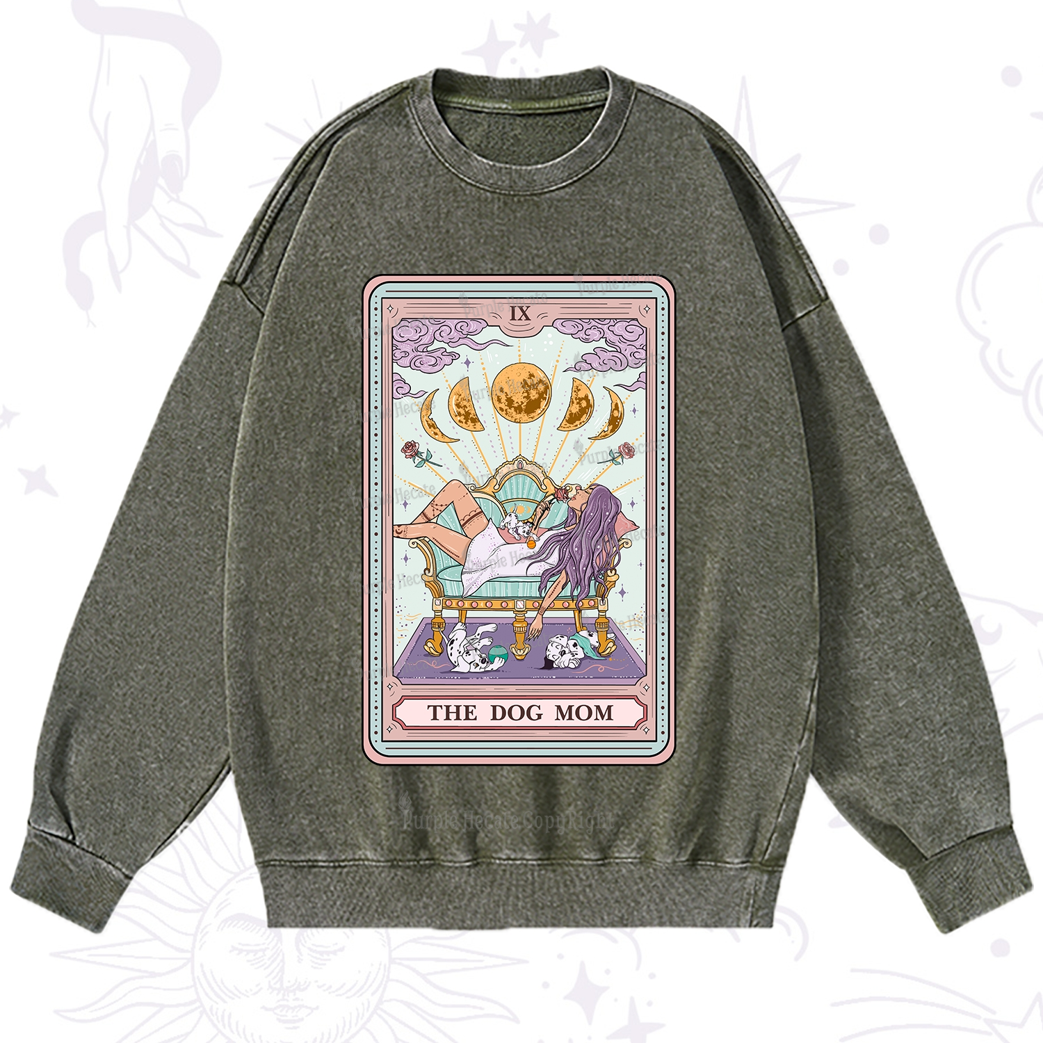 Purplehecate The Dog Mom Tarot Card Washed Sweatshirt
