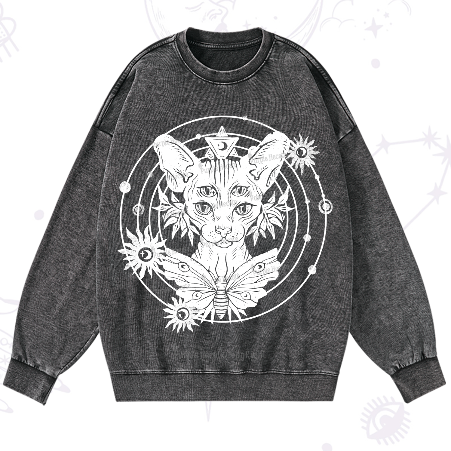 Purplehecate Mystic Sphynx Cat Lover Washed Sweatshirt