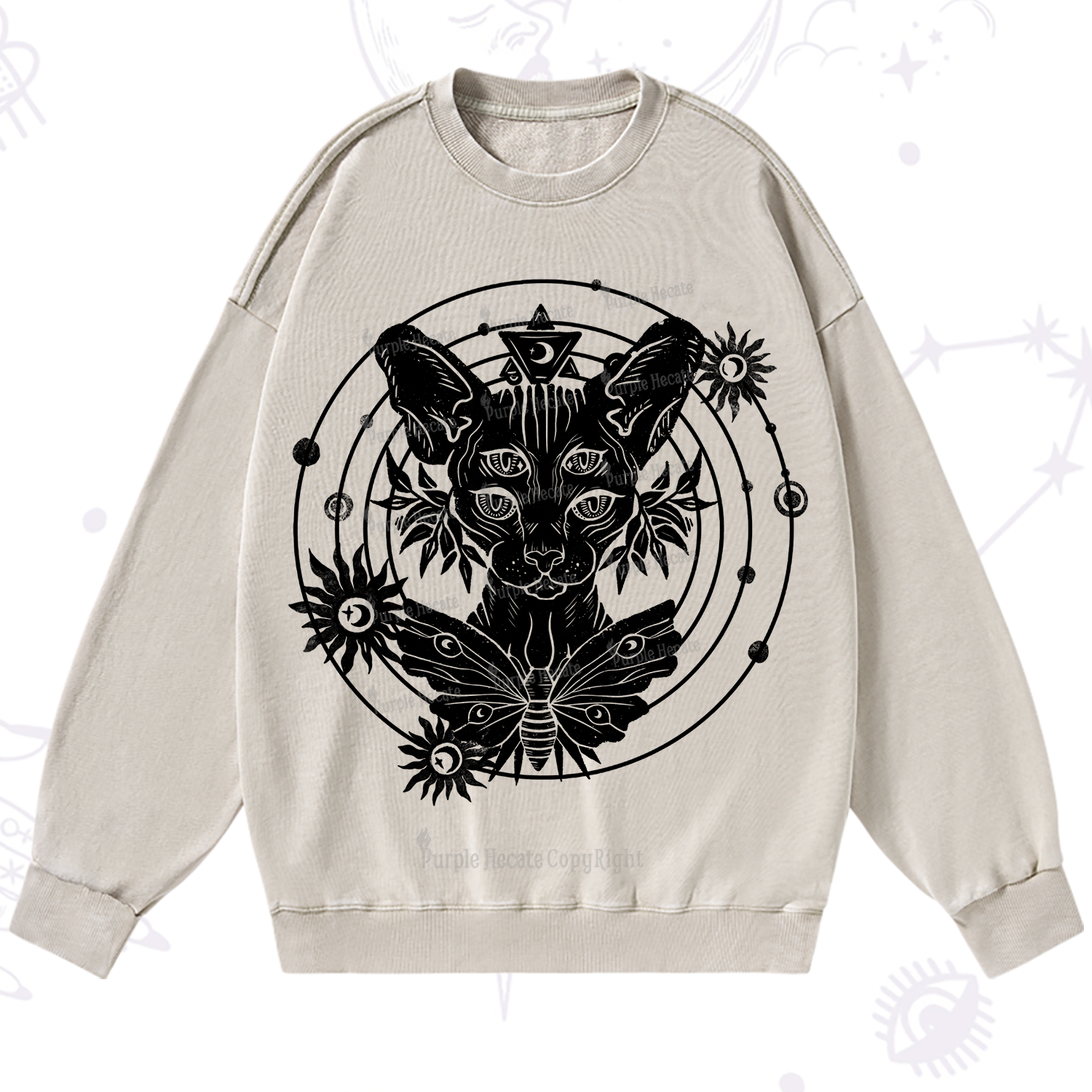 Purplehecate Mystic Sphynx Cat Lover Washed Sweatshirt