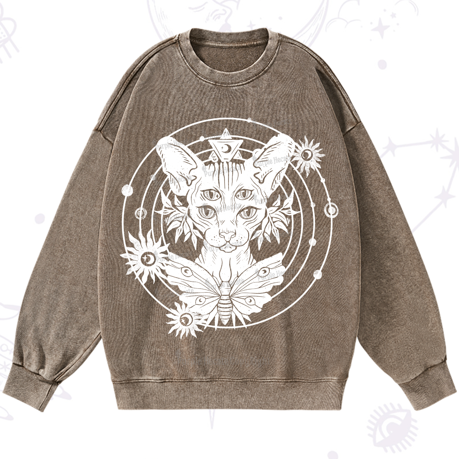 Purplehecate Mystic Sphynx Cat Lover Washed Sweatshirt