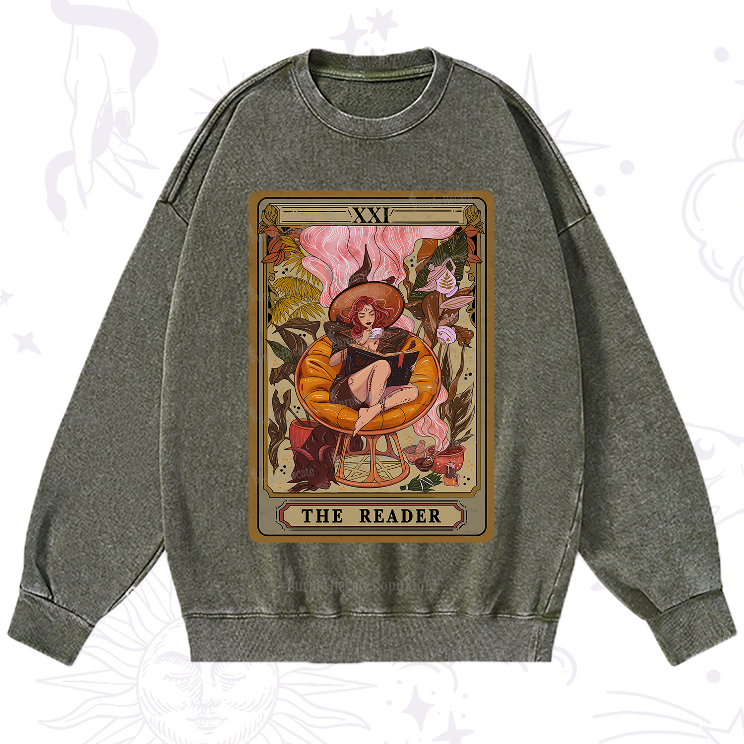 Purplehecate The Reader Tarot Card Washed Sweatshirt