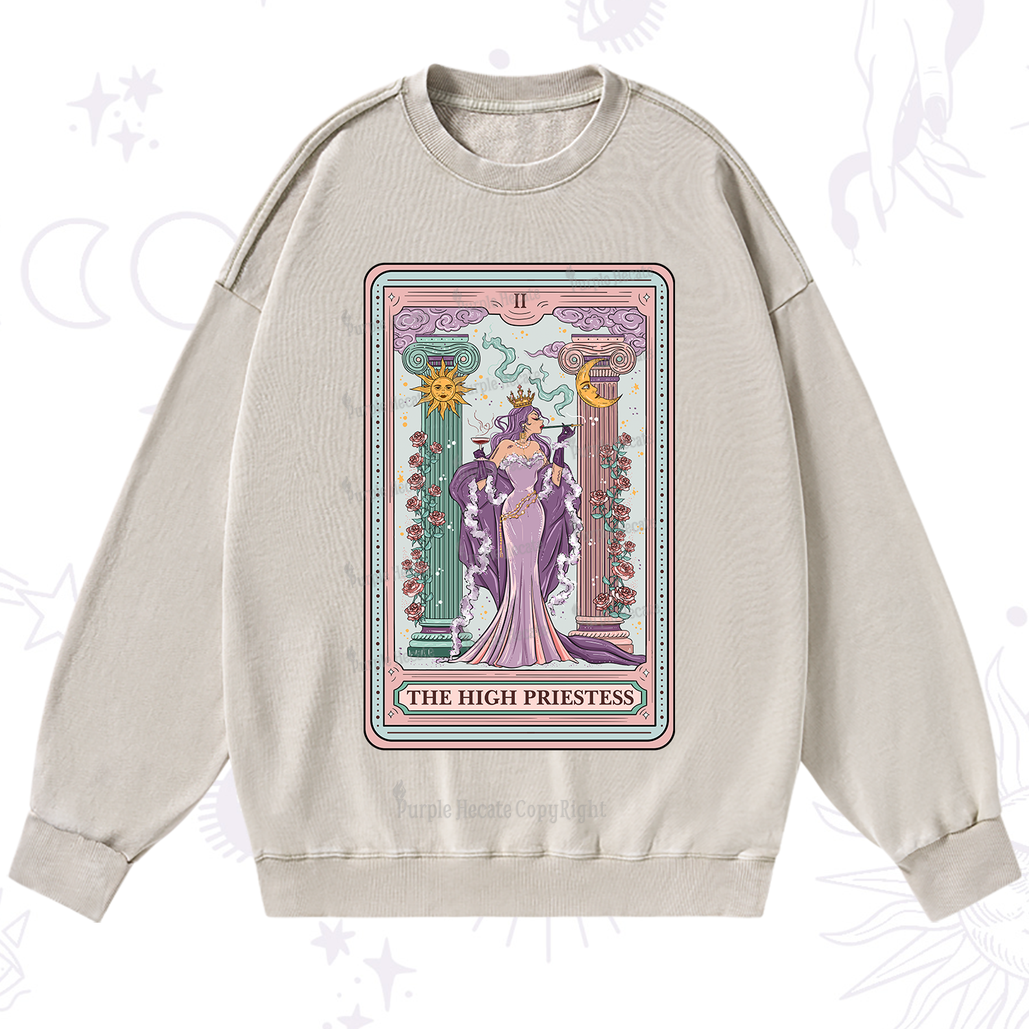 Purplehecate The High Priestess Tarot Card Washed Sweatshirt