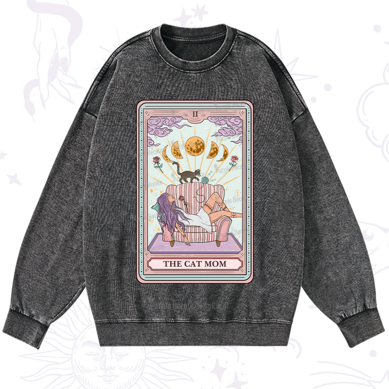 Purplehecate The Cat Mom Tarot Washed Sweatshirt