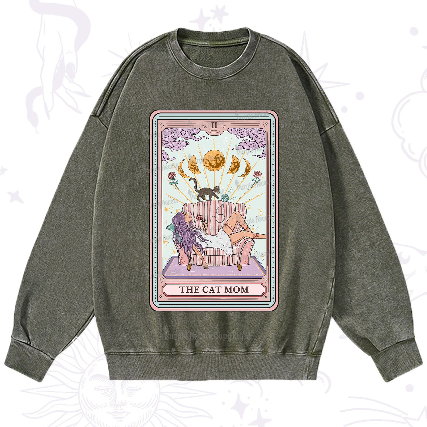 Purplehecate The Cat Mom Tarot Washed Sweatshirt