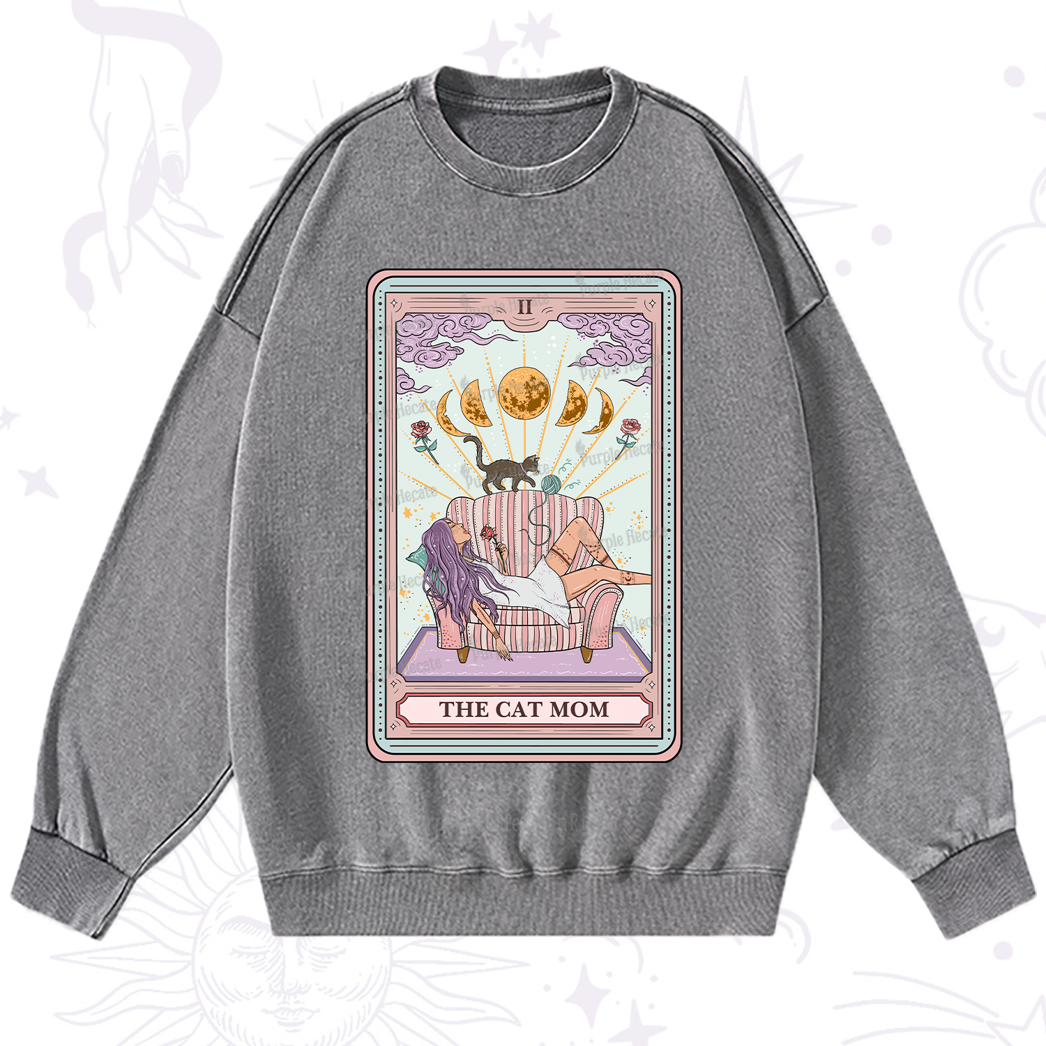 Purplehecate The Cat Mom Tarot Washed Sweatshirt