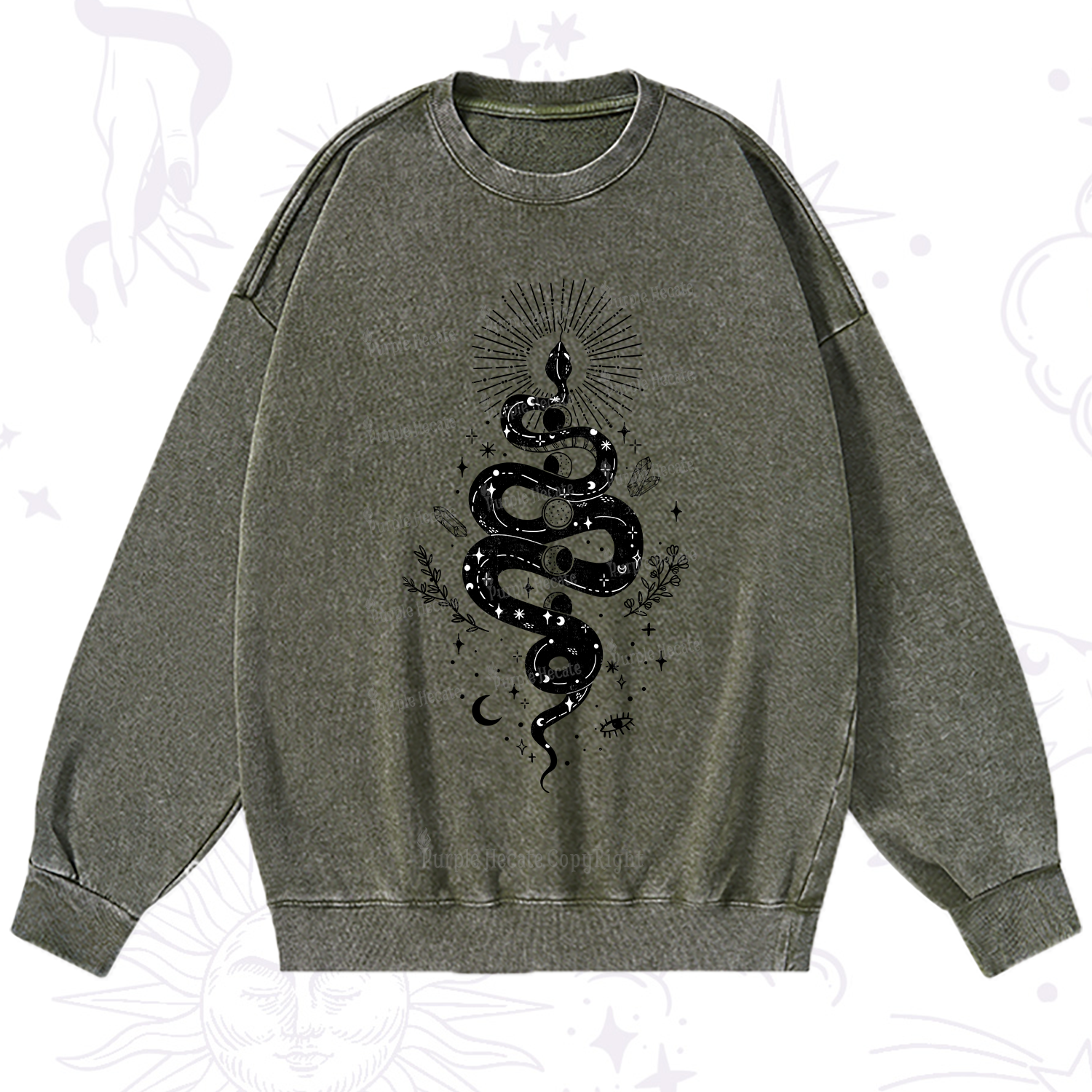 Purplehecate Mystical Moon Phases Snake Washed Sweatshirt