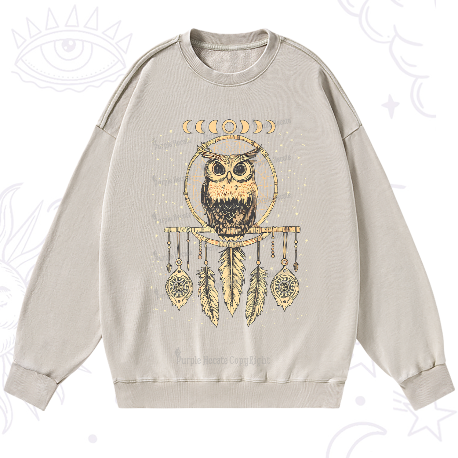 Purplehecate Luna Owl Dream Catcher Washed Sweatshirt