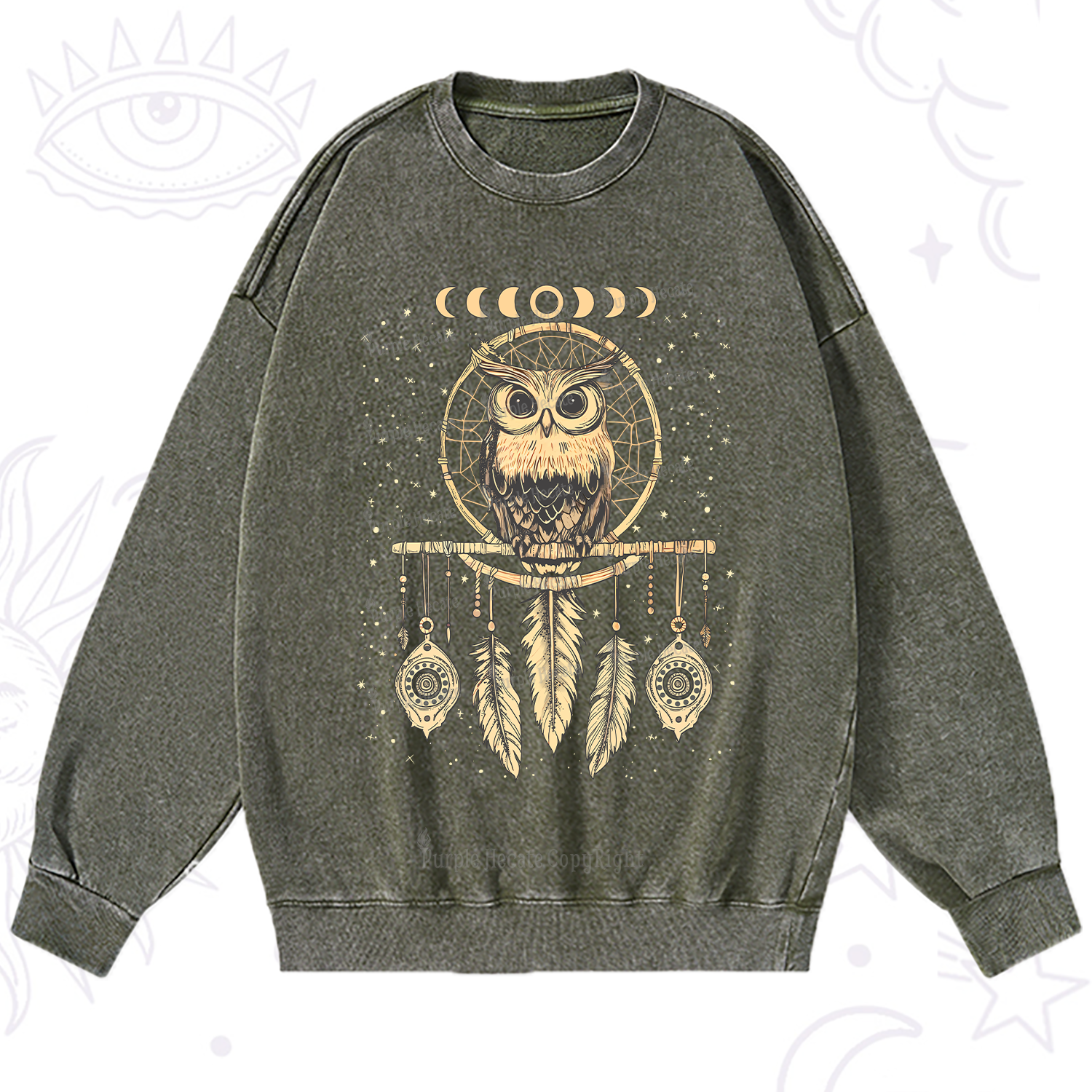 Purplehecate Luna Owl Dream Catcher Washed Sweatshirt