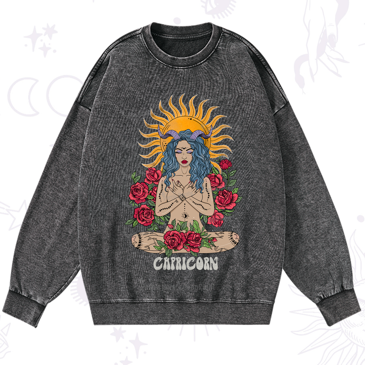 Purplehecate Sun Guardian Of Capricorn Zodiac Washed Sweatshirt
