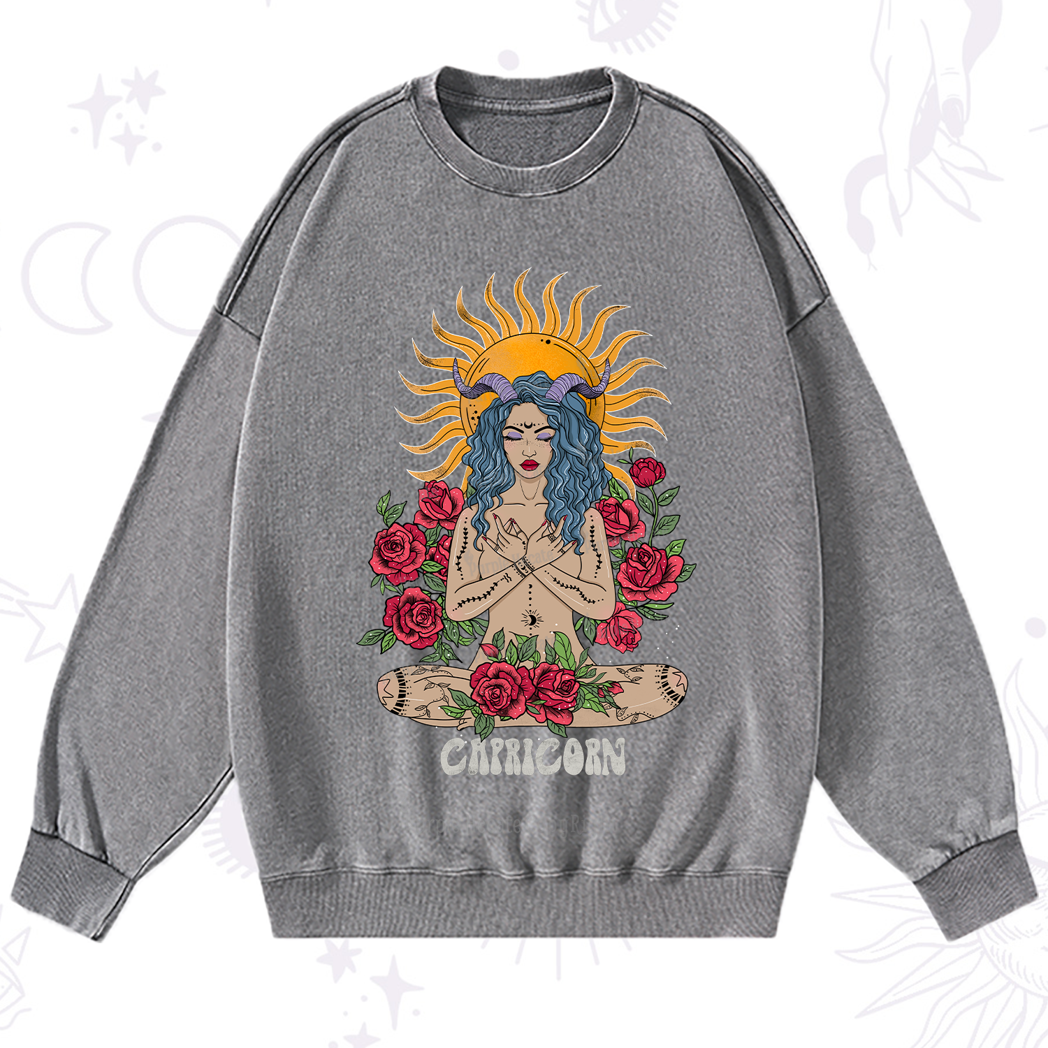 Purplehecate Sun Guardian Of Capricorn Zodiac Washed Sweatshirt