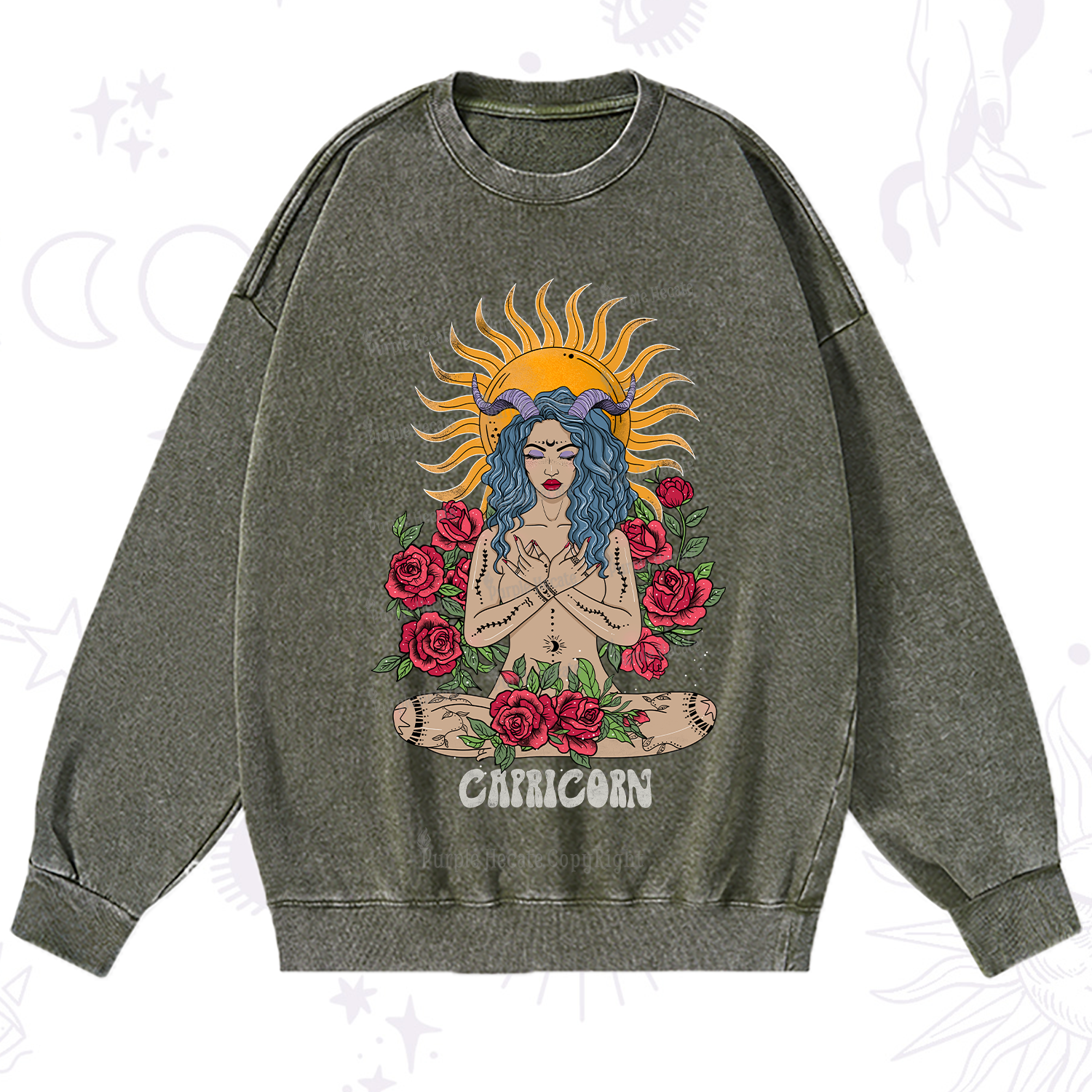 Purplehecate Sun Guardian Of Capricorn Zodiac Washed Sweatshirt