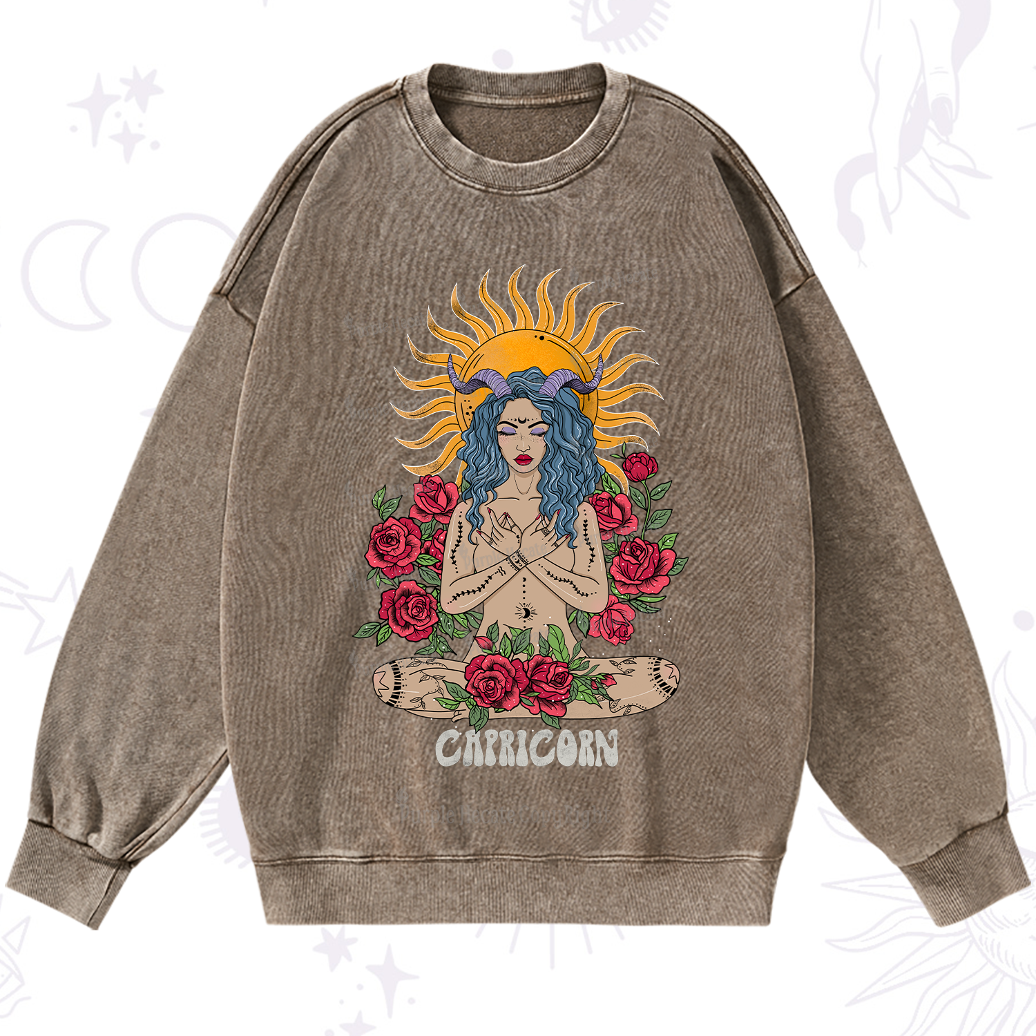 Purplehecate Sun Guardian Of Capricorn Zodiac Washed Sweatshirt