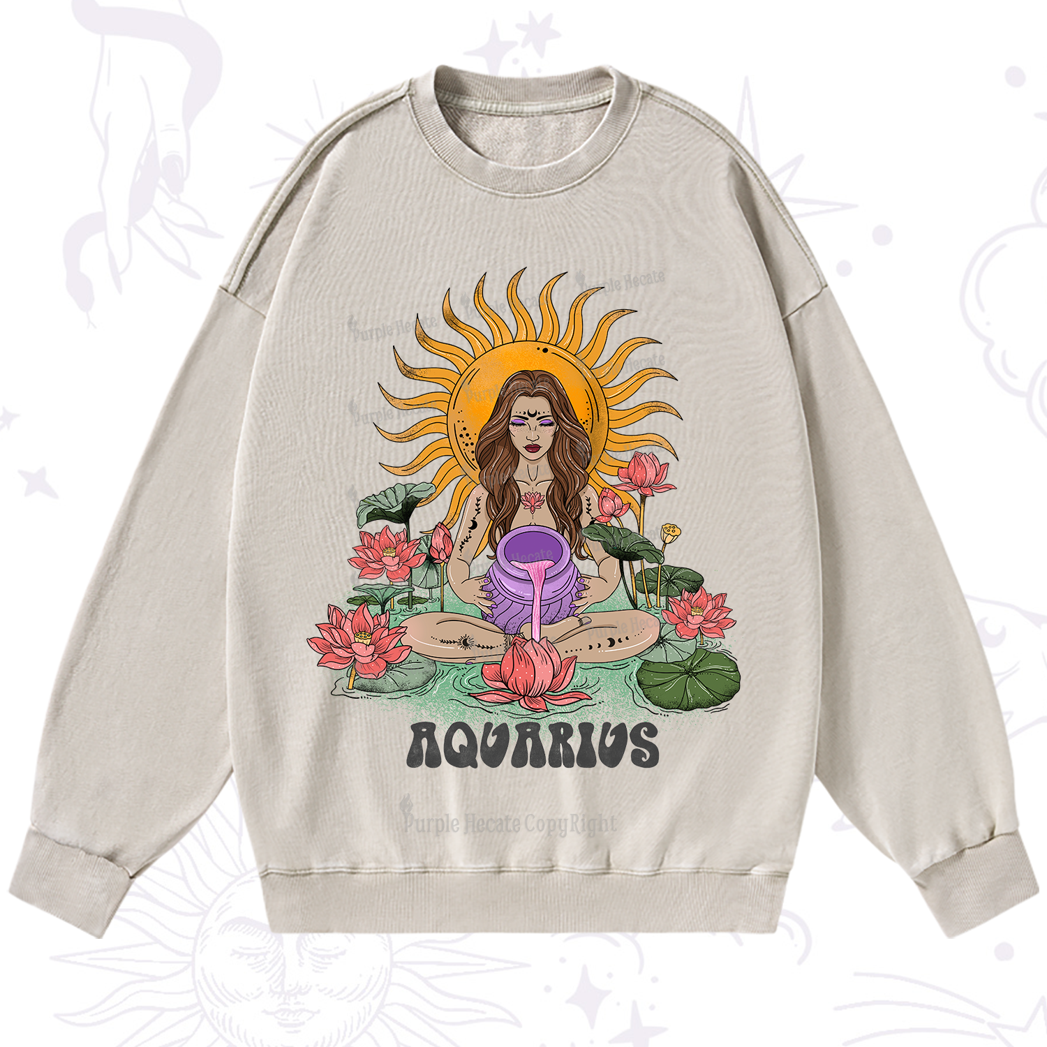 Purplehecate Sun Guardian Of Aquarius Zodiac Washed Sweatshirt
