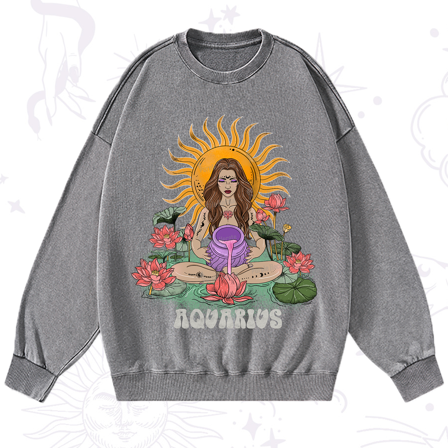 Purplehecate Sun Guardian Of Aquarius Zodiac Washed Sweatshirt