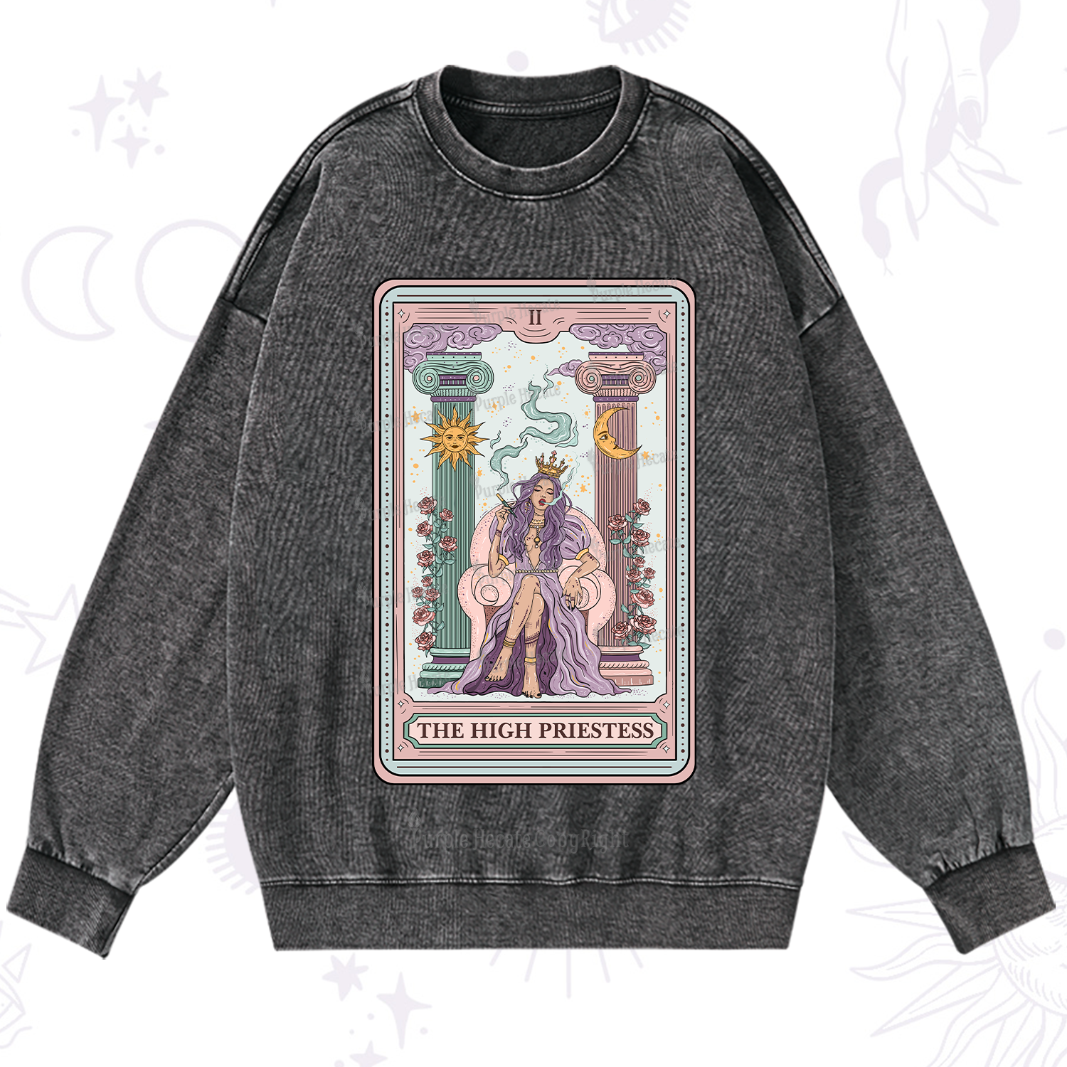 Purplehecate The High Priestess Tarot Card Washed Sweatshirt