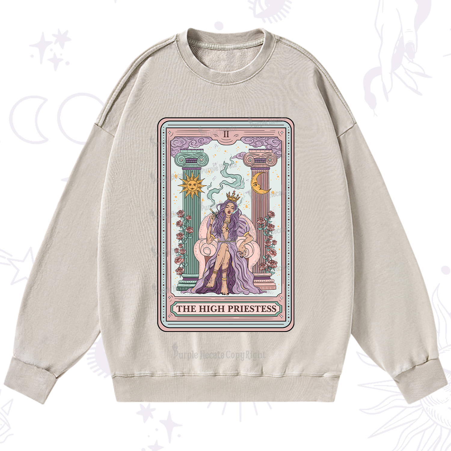 Purplehecate The High Priestess Tarot Card Washed Sweatshirt