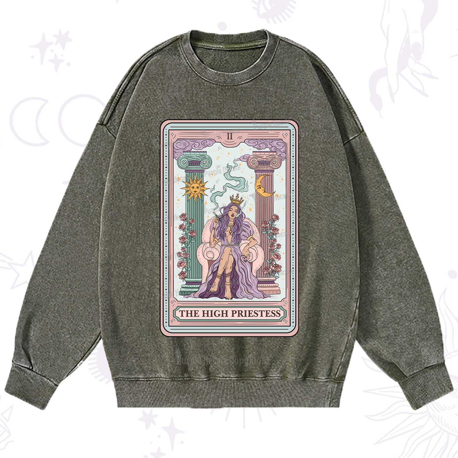 Purplehecate The High Priestess Tarot Card Washed Sweatshirt