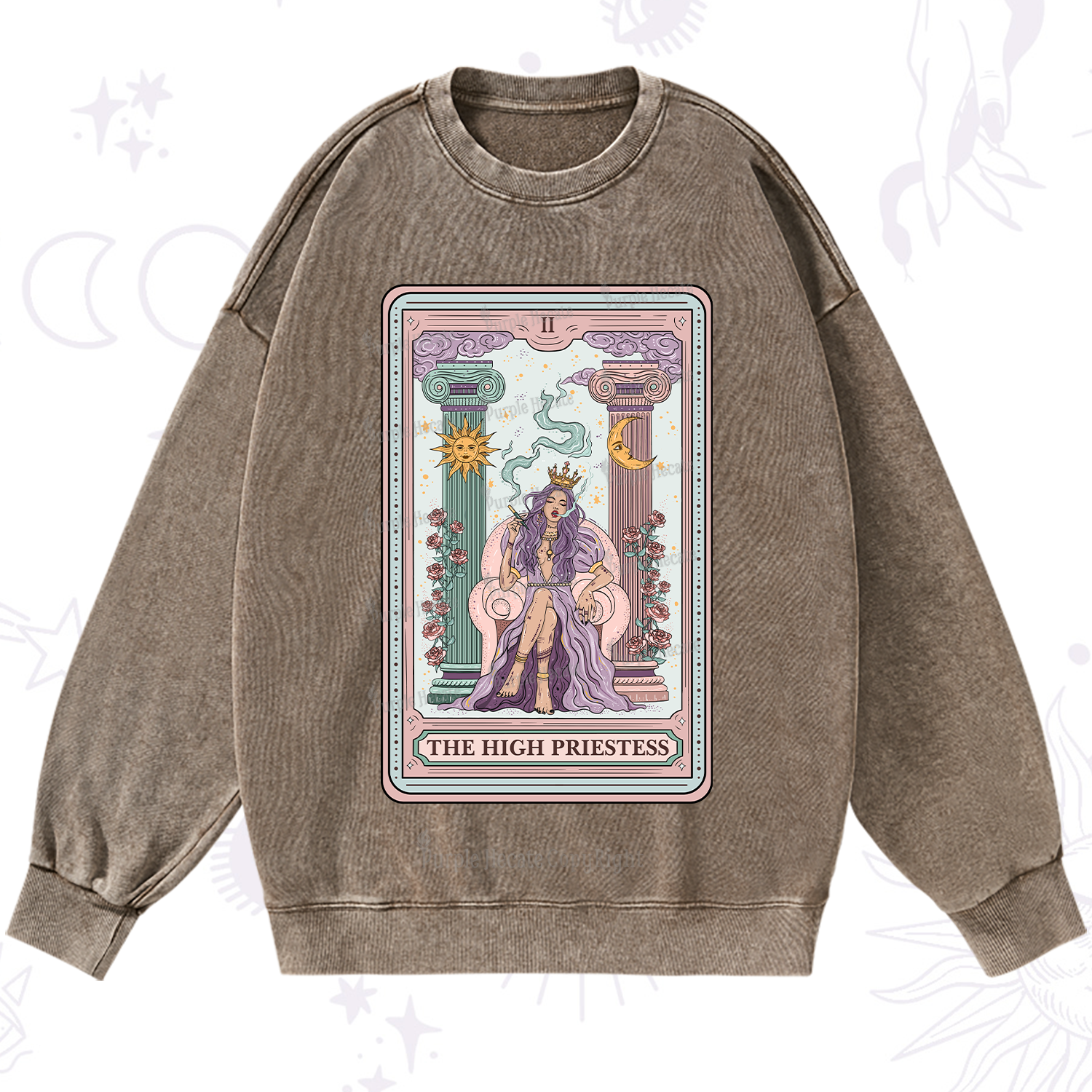Purplehecate The High Priestess Tarot Card Washed Sweatshirt