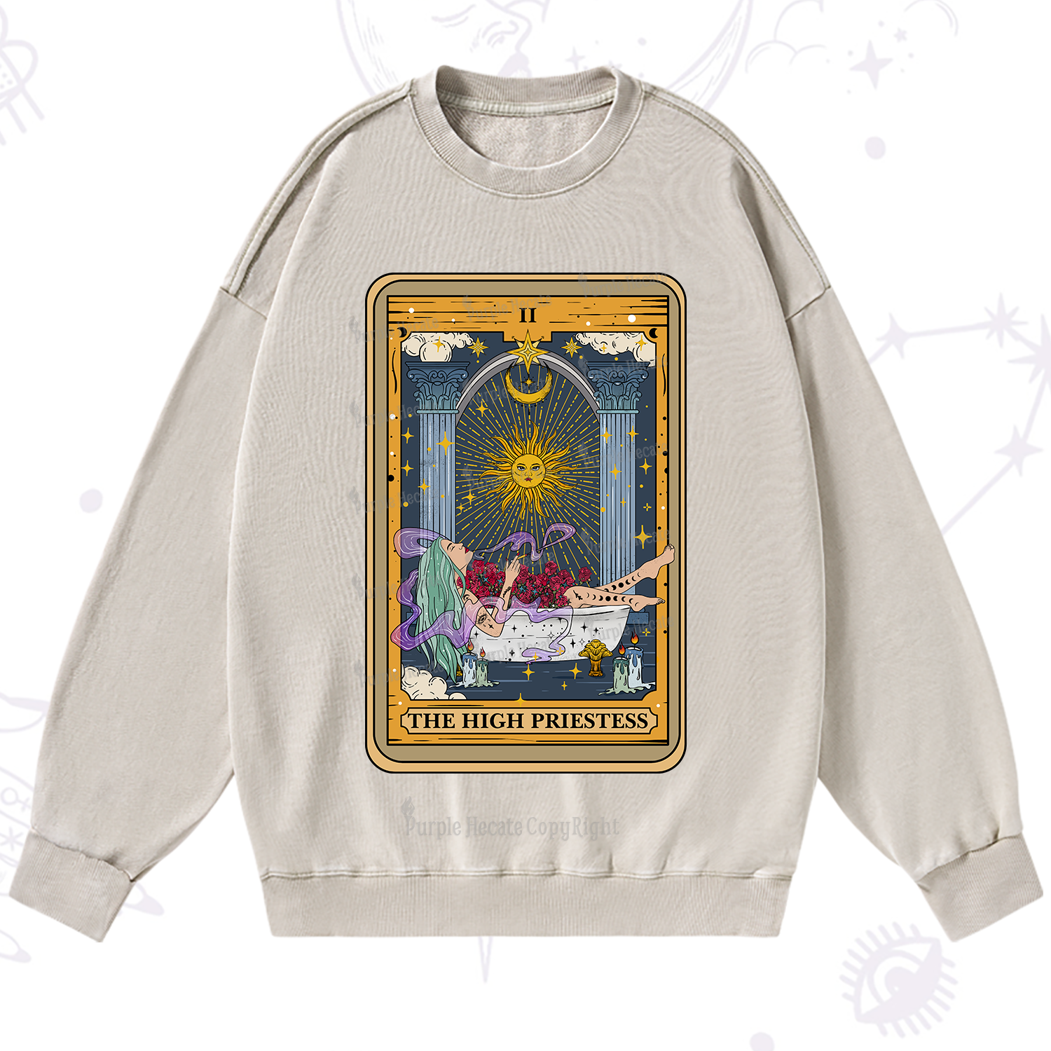 Purplehecate The High Priestess Tarot Card Washed Sweatshirt