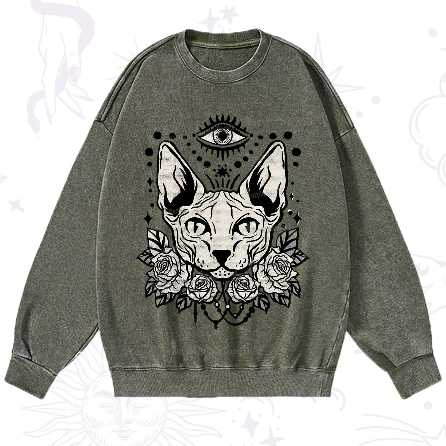 Purplehecate Mystical Cat Washed Sweatshirt