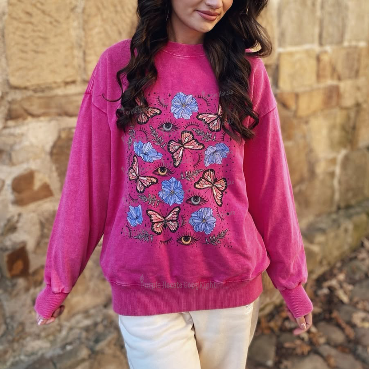 Purplehecate Butterfly Floral Washed Sweatshirt