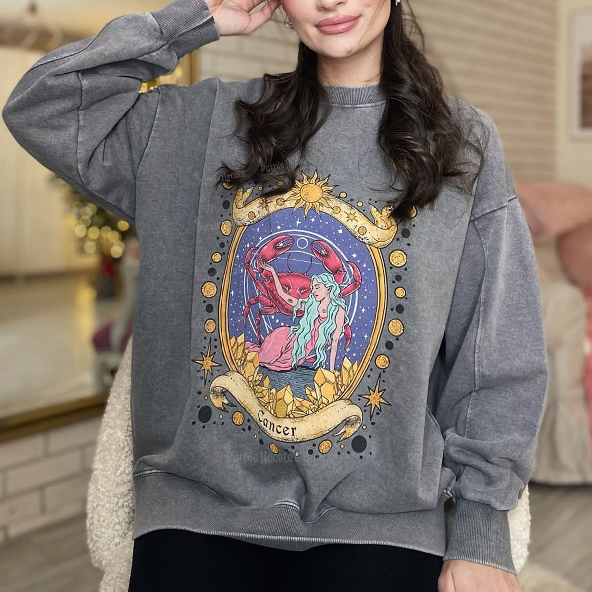 Purplehecate Celestial Cancer Zodiac Washed Sweatshirt
