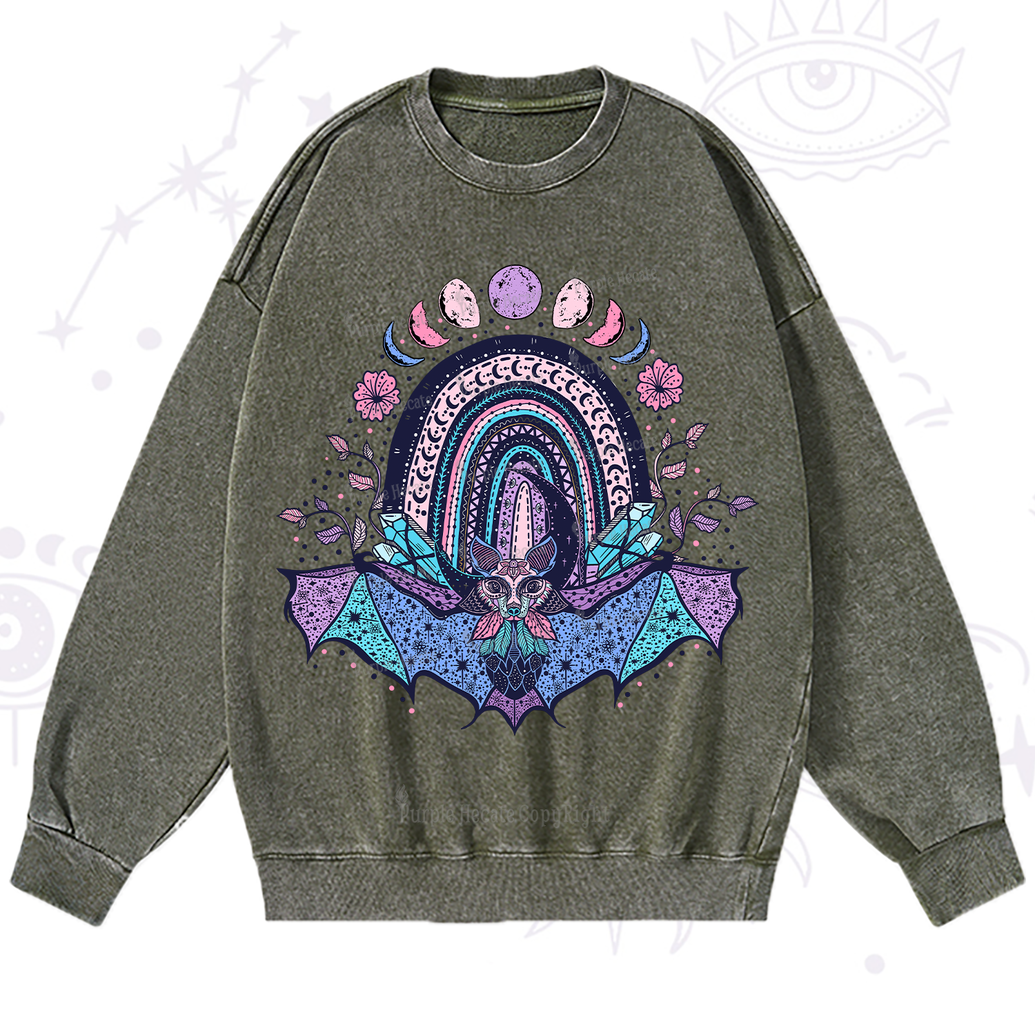 Purplehecate Moon Phase Bat Washed Sweatshirt