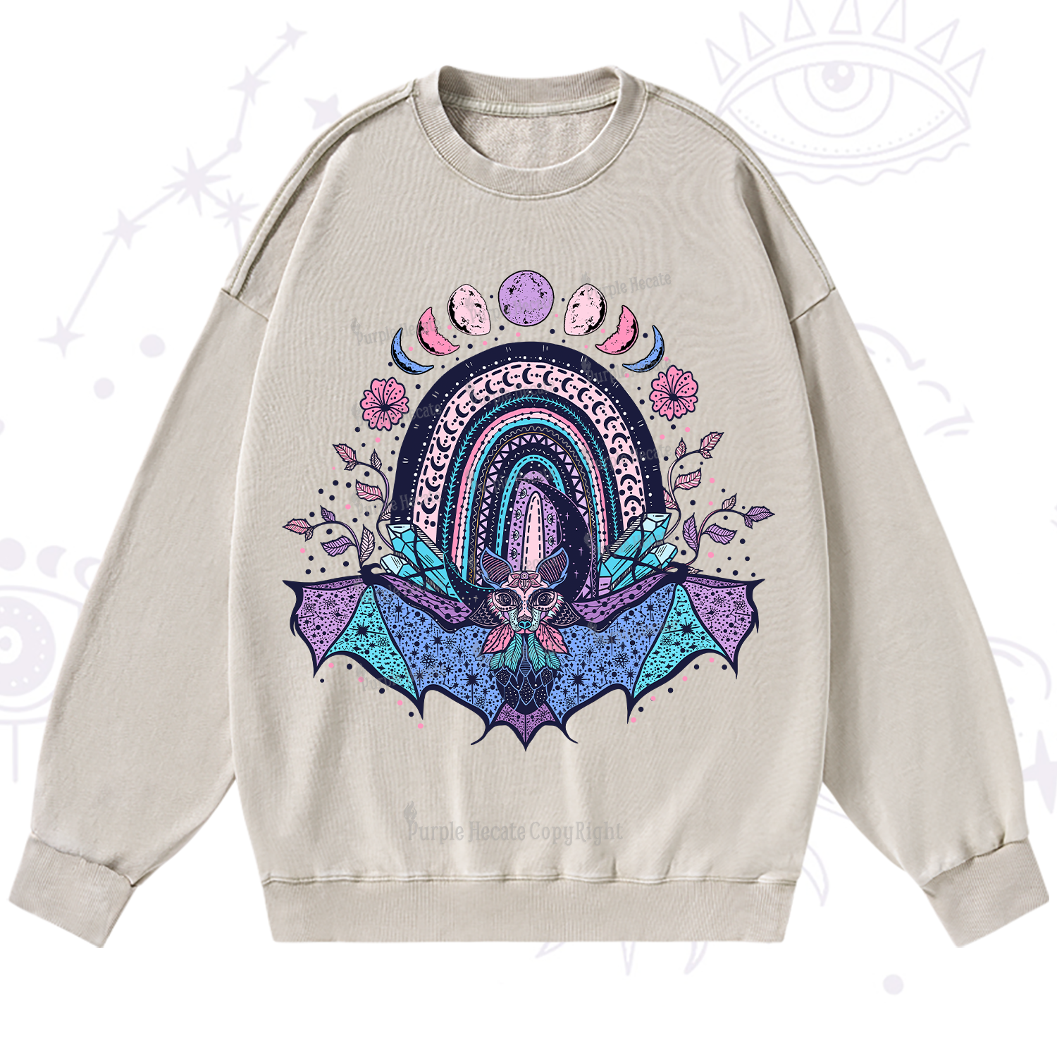 Purplehecate Moon Phase Bat Washed Sweatshirt