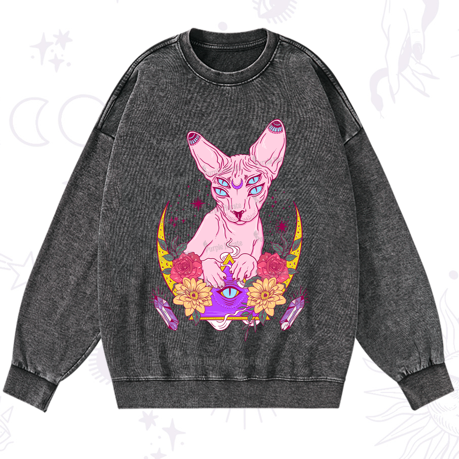 Purplehecate Moon Phase Cat Washed Sweatshirt