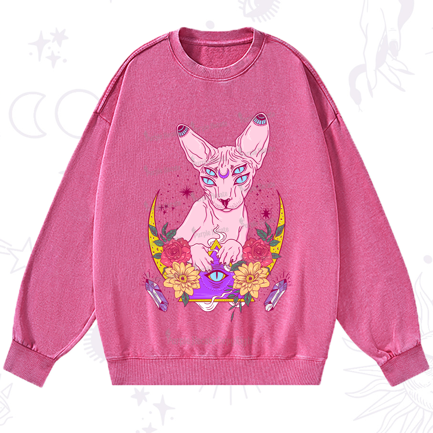 Purplehecate Moon Phase Cat Washed Sweatshirt