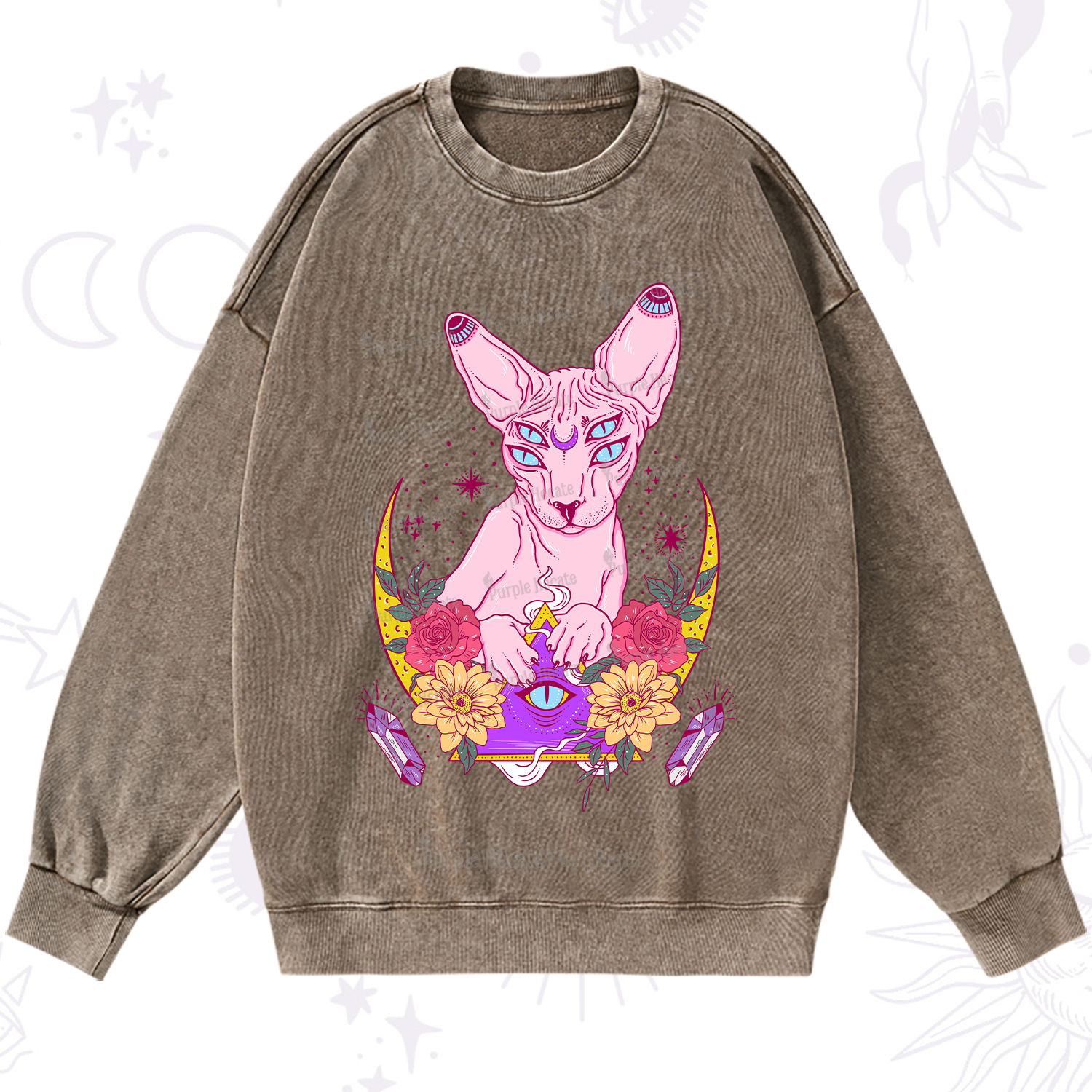 Purplehecate Moon Phase Cat Washed Sweatshirt