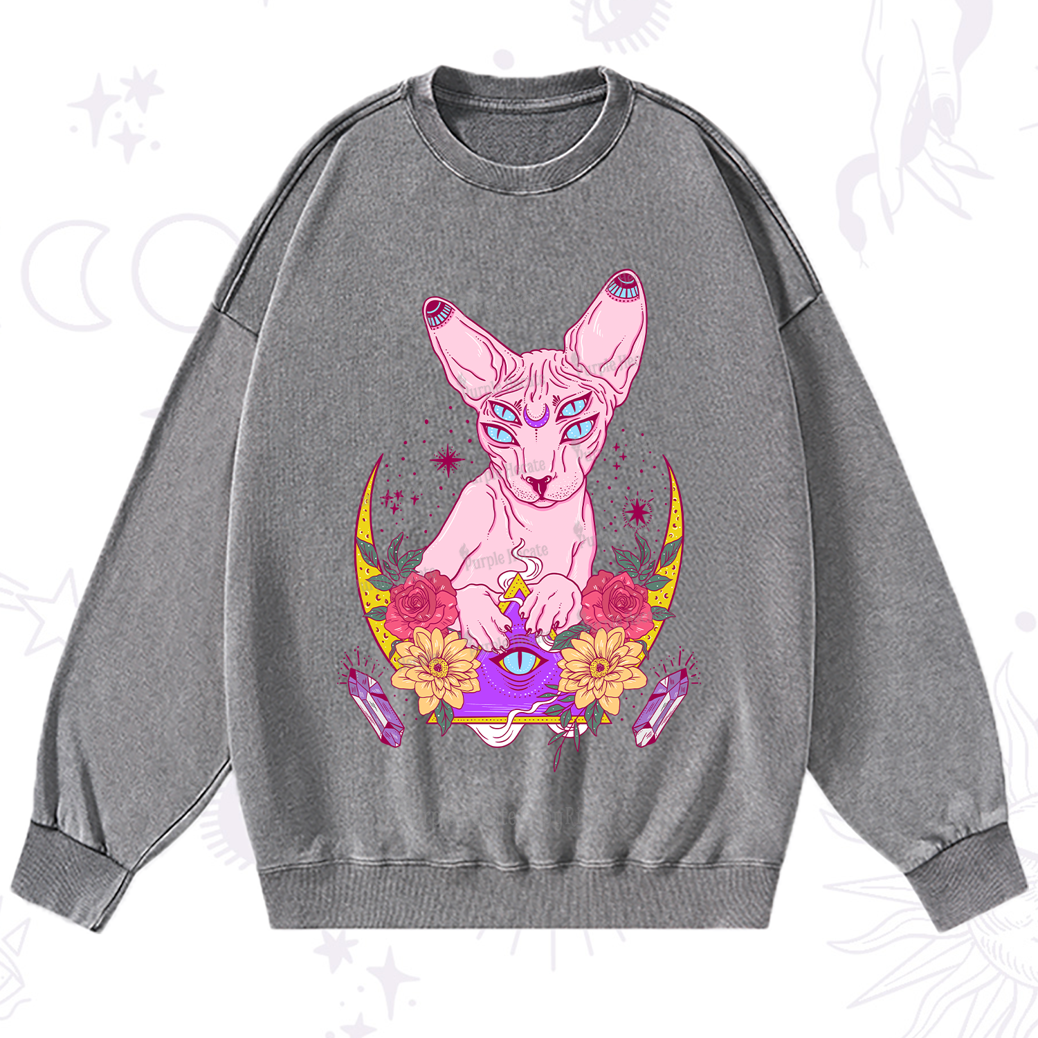 Purplehecate Moon Phase Cat Washed Sweatshirt
