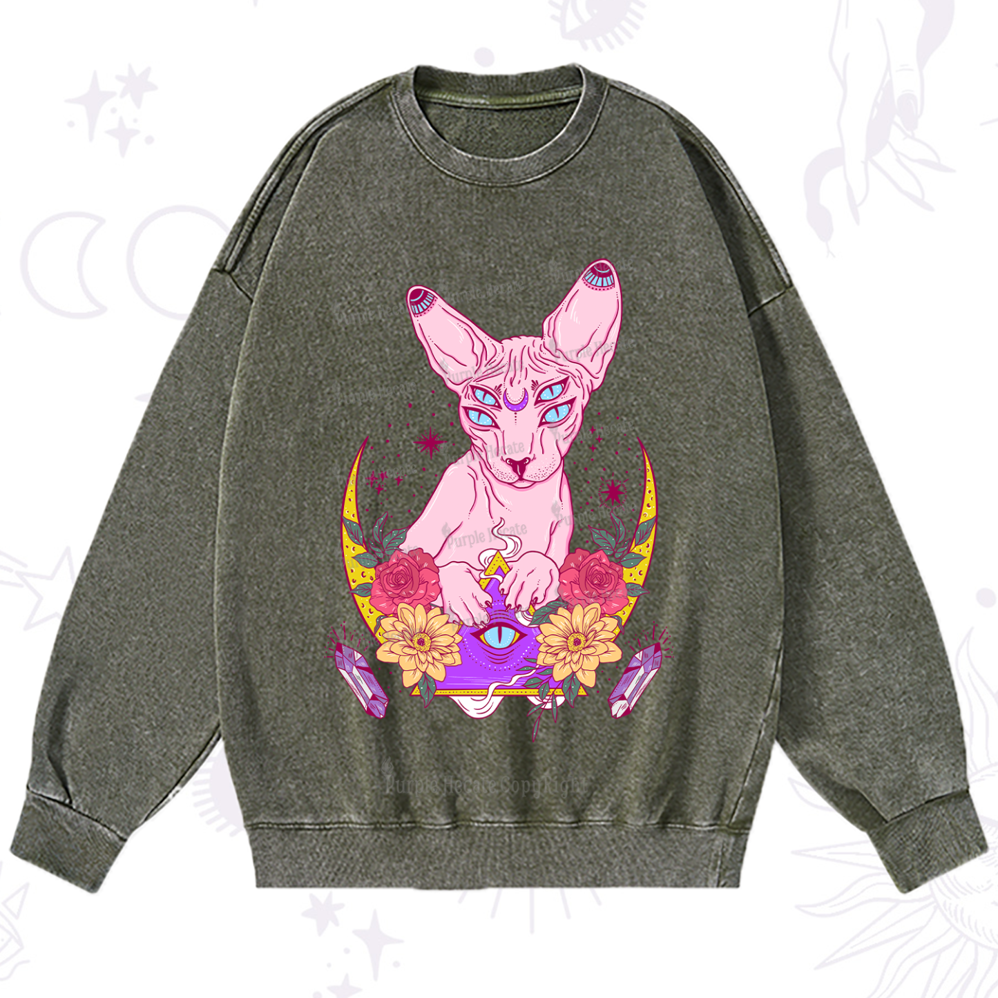 Purplehecate Moon Phase Cat Washed Sweatshirt
