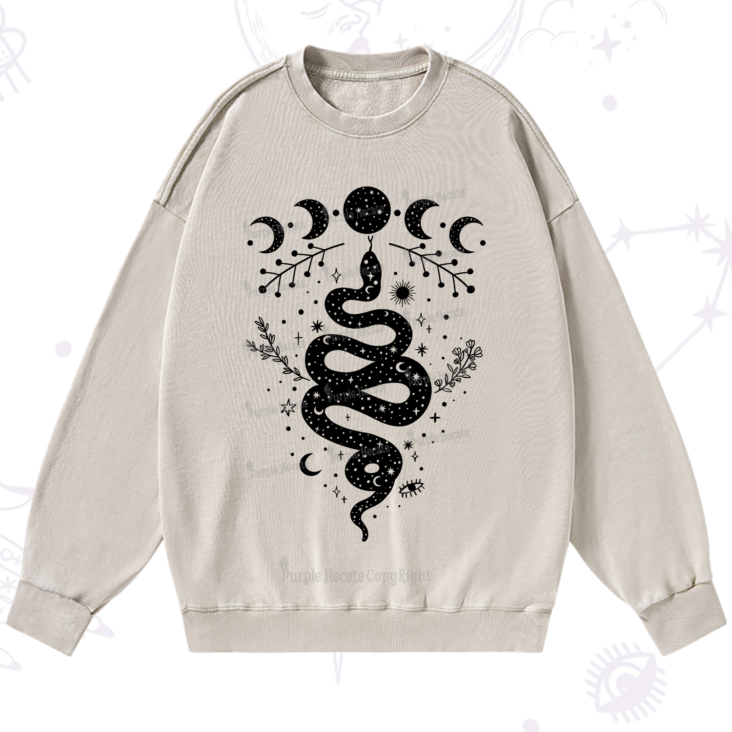 Purplehecate Snake And Moon Phase Comfort Washed Sweatshirt