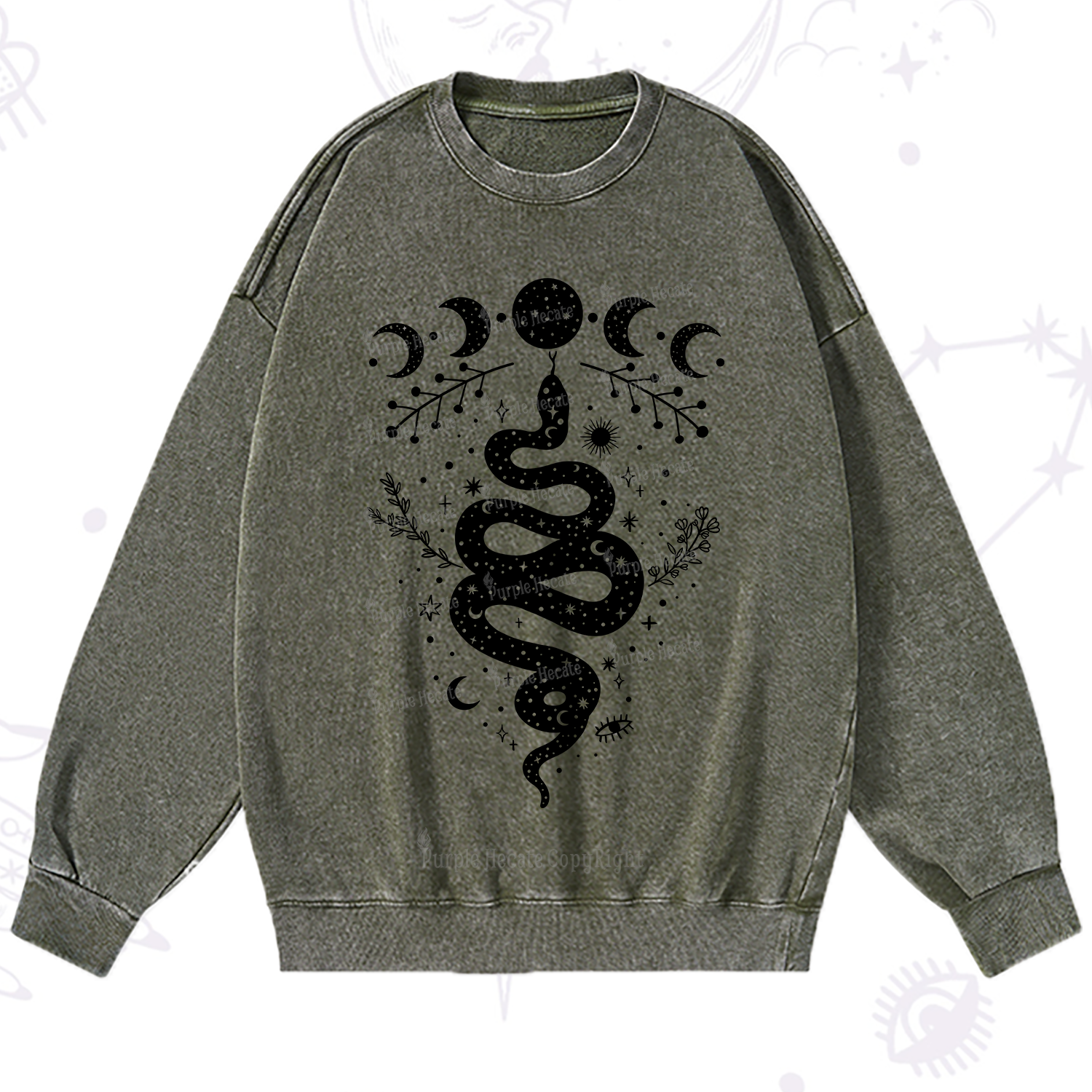Purplehecate Snake And Moon Phase Comfort Washed Sweatshirt