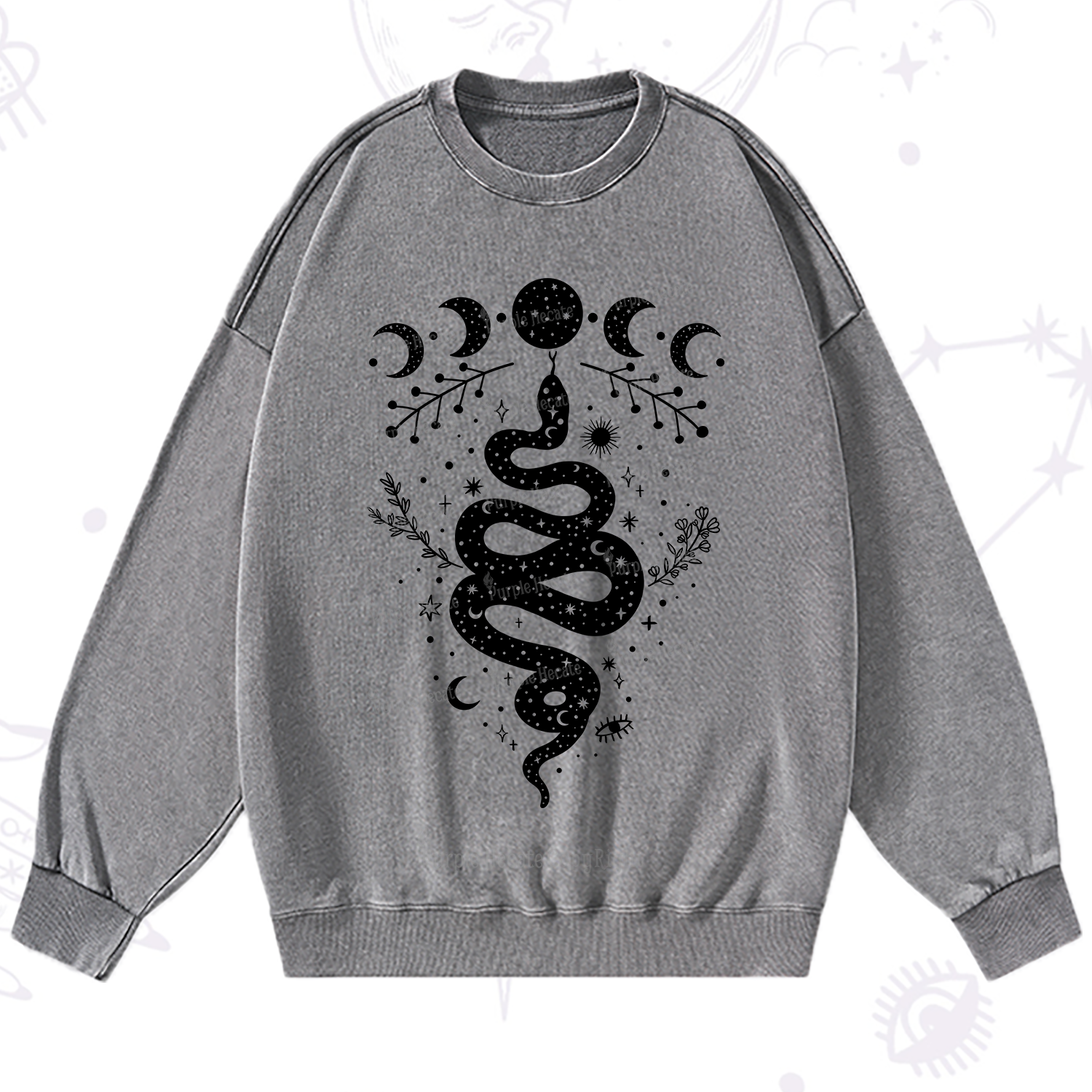 Purplehecate Snake And Moon Phase Comfort Washed Sweatshirt