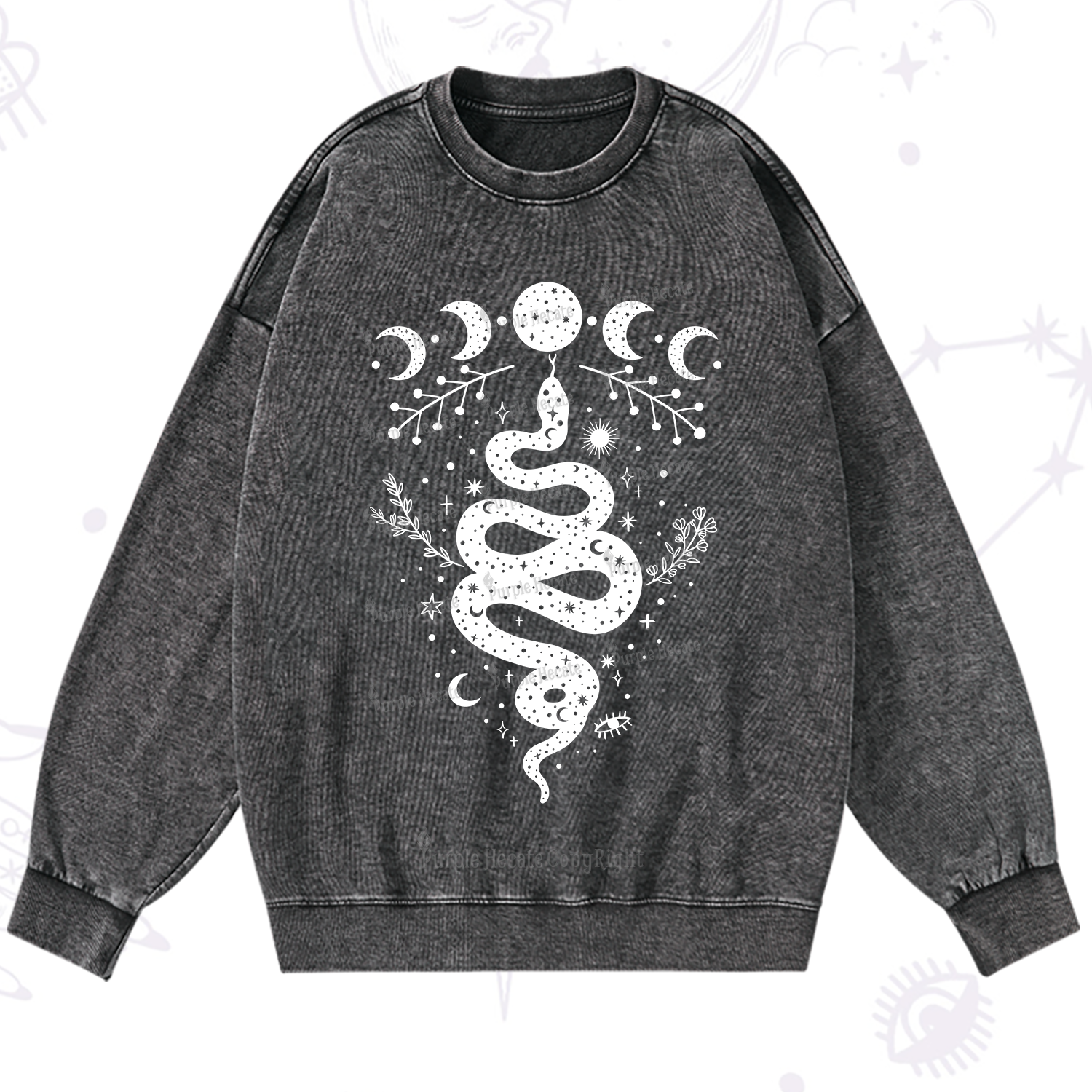 Purplehecate Snake And Moon Phase Comfort Washed Sweatshirt