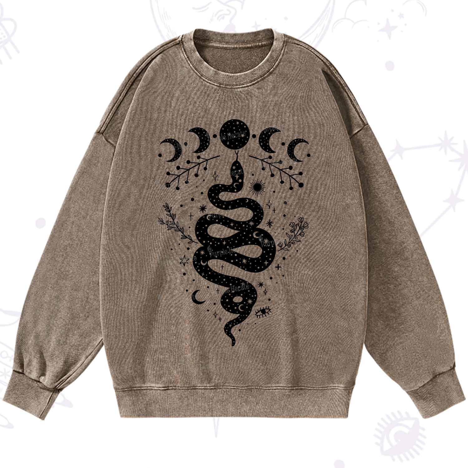 Purplehecate Snake And Moon Phase Comfort Washed Sweatshirt