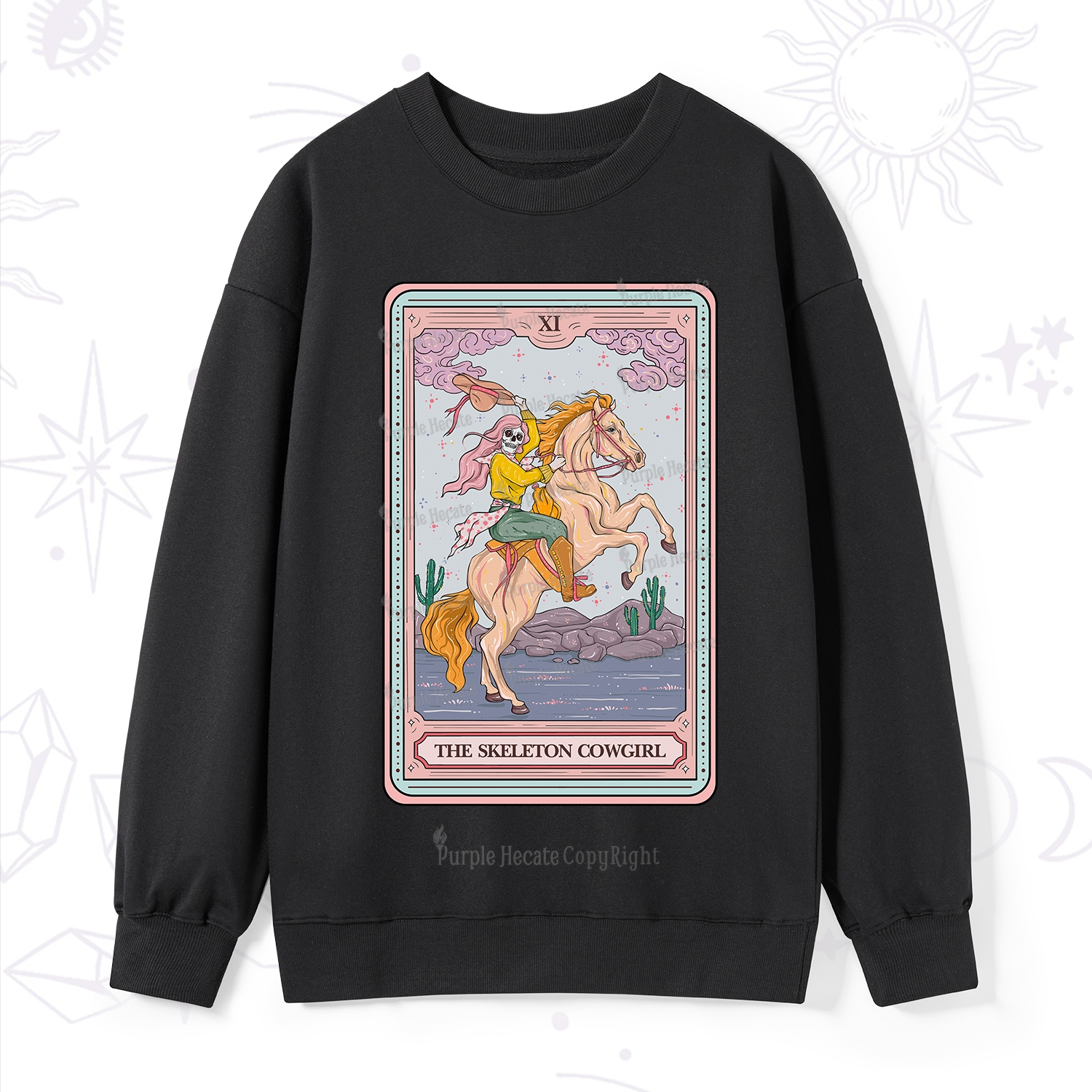 Purplehecate The Skeleton Cowgirl Tarot Card Sweatshirt