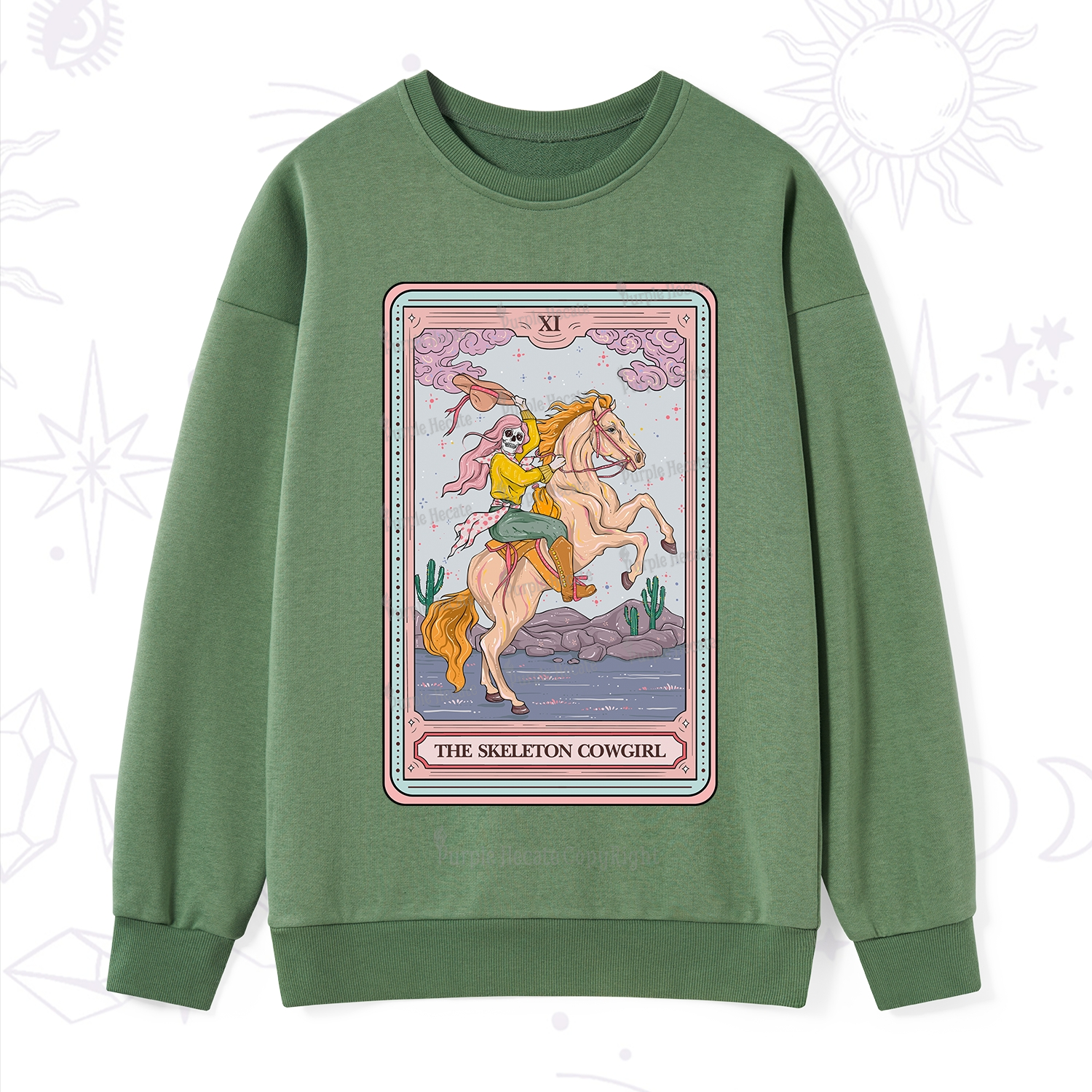 Purplehecate The Skeleton Cowgirl Tarot Card Sweatshirt