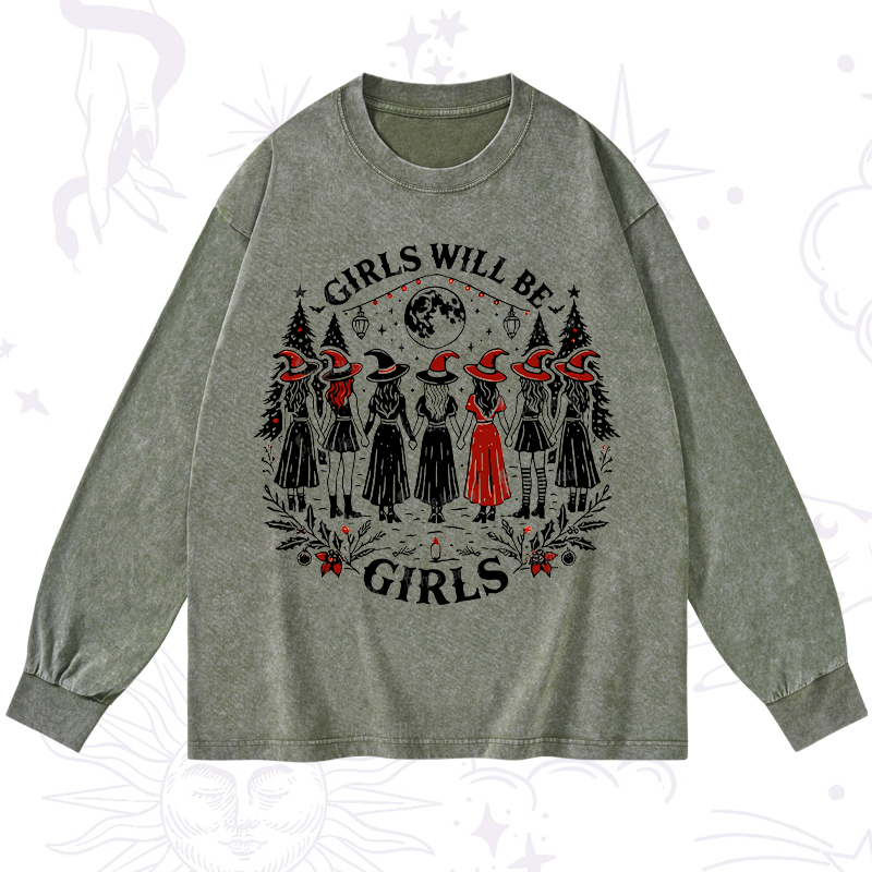 Purplehecate Christmas Girls Will Be Girls Witch Washed Long Sleeve Shirt