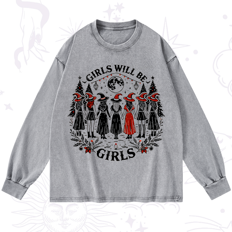 Purplehecate Christmas Girls Will Be Girls Witch Washed Long Sleeve Shirt