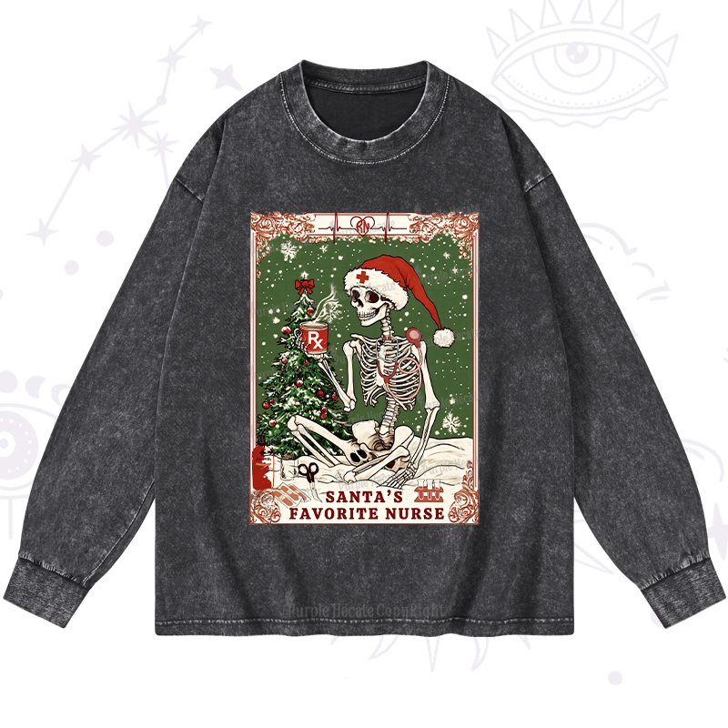 Purplehecate Christmas Santa's Favorite Nurse Tarot Washed Long Sleeve Shirt