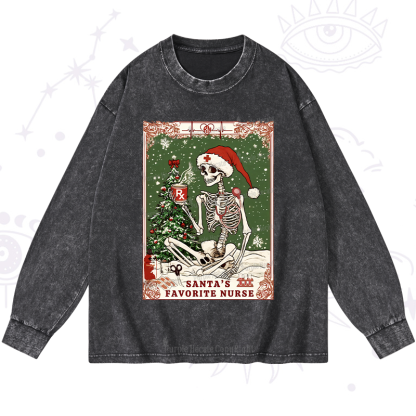 Purplehecate Christmas Santa's Favorite Nurse Tarot Washed Long Sleeve Shirt