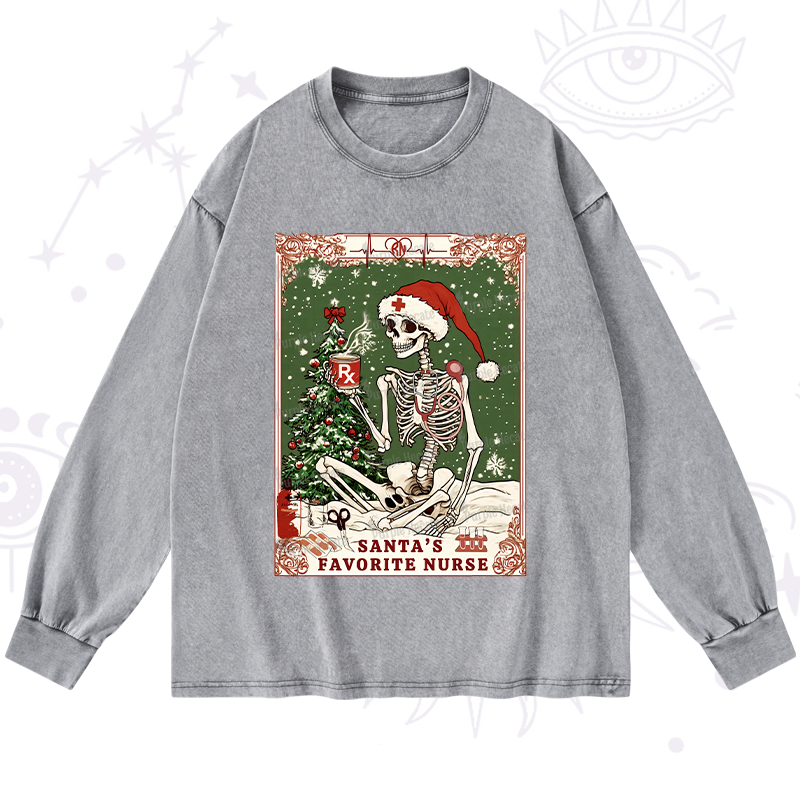 Purplehecate Christmas Santa's Favorite Nurse Tarot Washed Long Sleeve Shirt
