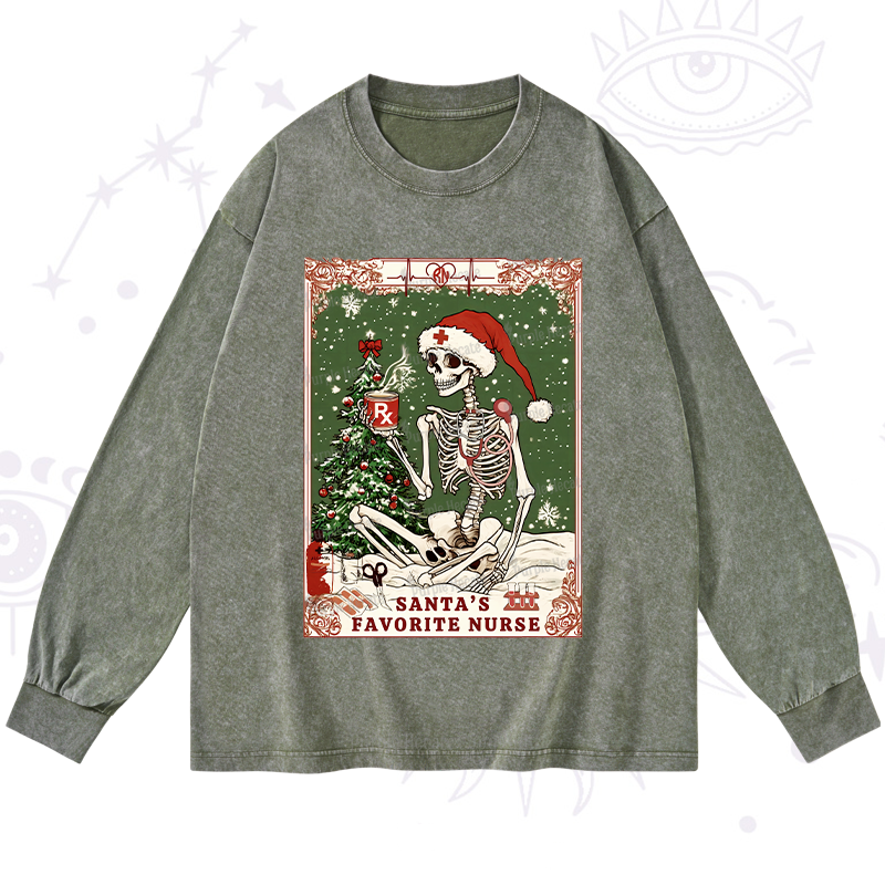 Purplehecate Christmas Santa's Favorite Nurse Tarot Washed Long Sleeve Shirt