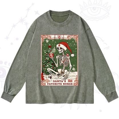Purplehecate Christmas Santa's Favorite Nurse Tarot Washed Long Sleeve Shirt